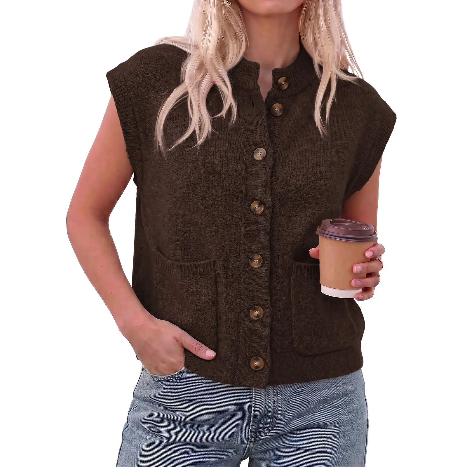 Cicy Bell Womens Cap Sleeve Sweater Vest Mock Neck Button Down Sleeveless Jackets Fall Casual Work Outwear Vest