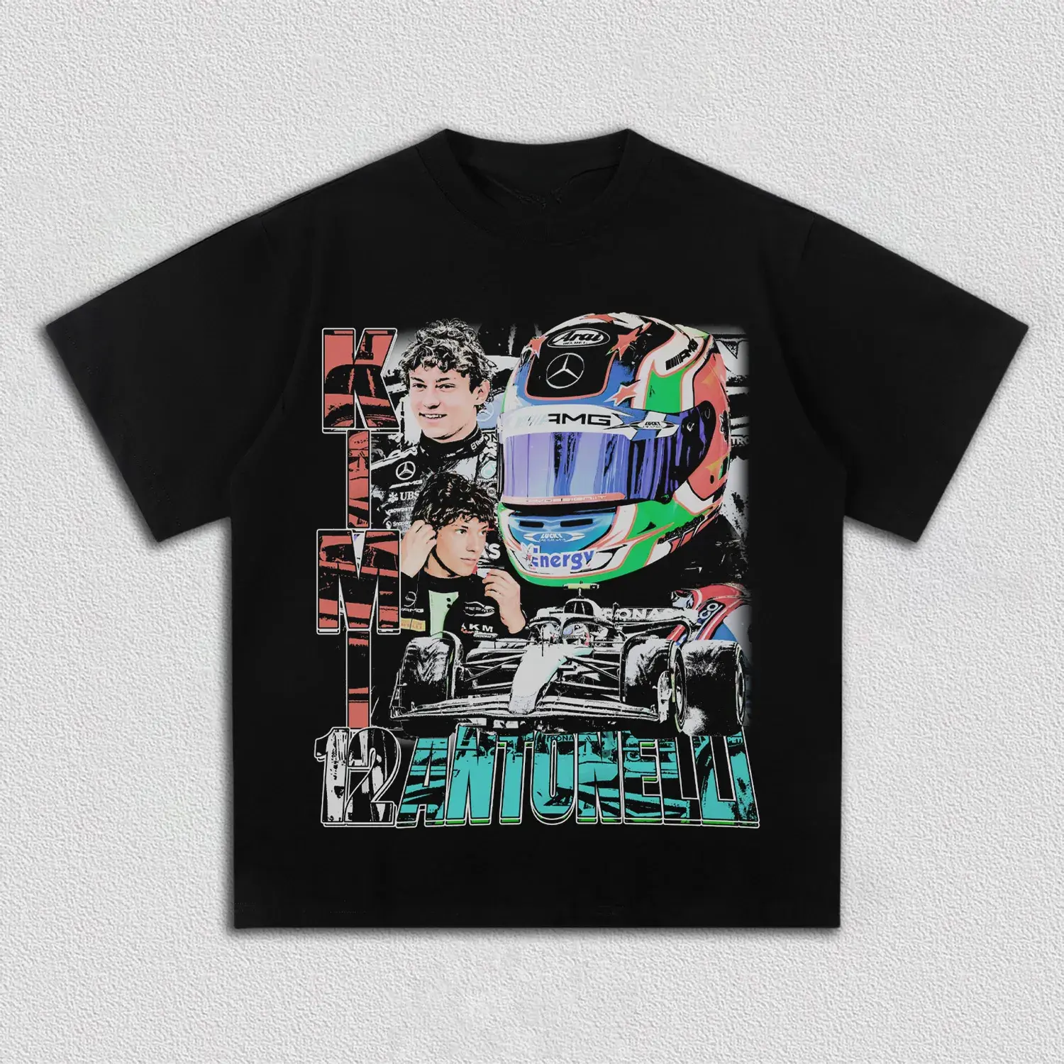 Washed Black Boxy Oversized Unisex T-Shirt |   Kimi Antonelli F1 Racer Collage Helmet Race Car Vintage Retro Motorsport Bootleg Racing Streetwear Short Sleeve Tee
