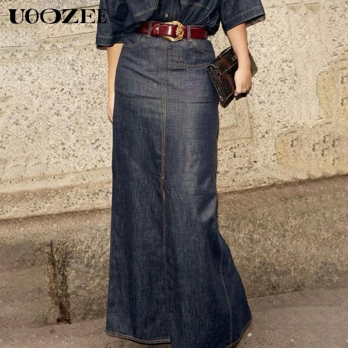 UOOZEE Women's No Belt (Only Skirt) Solid Color Denim Blue Skirt, Soft Slight Fading Pockets Zipper Straight Fit, Breathable & Comfortable, Casual All-Match Rear Elastic Waist Column Skirt Minimalist Maxi Womenswear Breathable