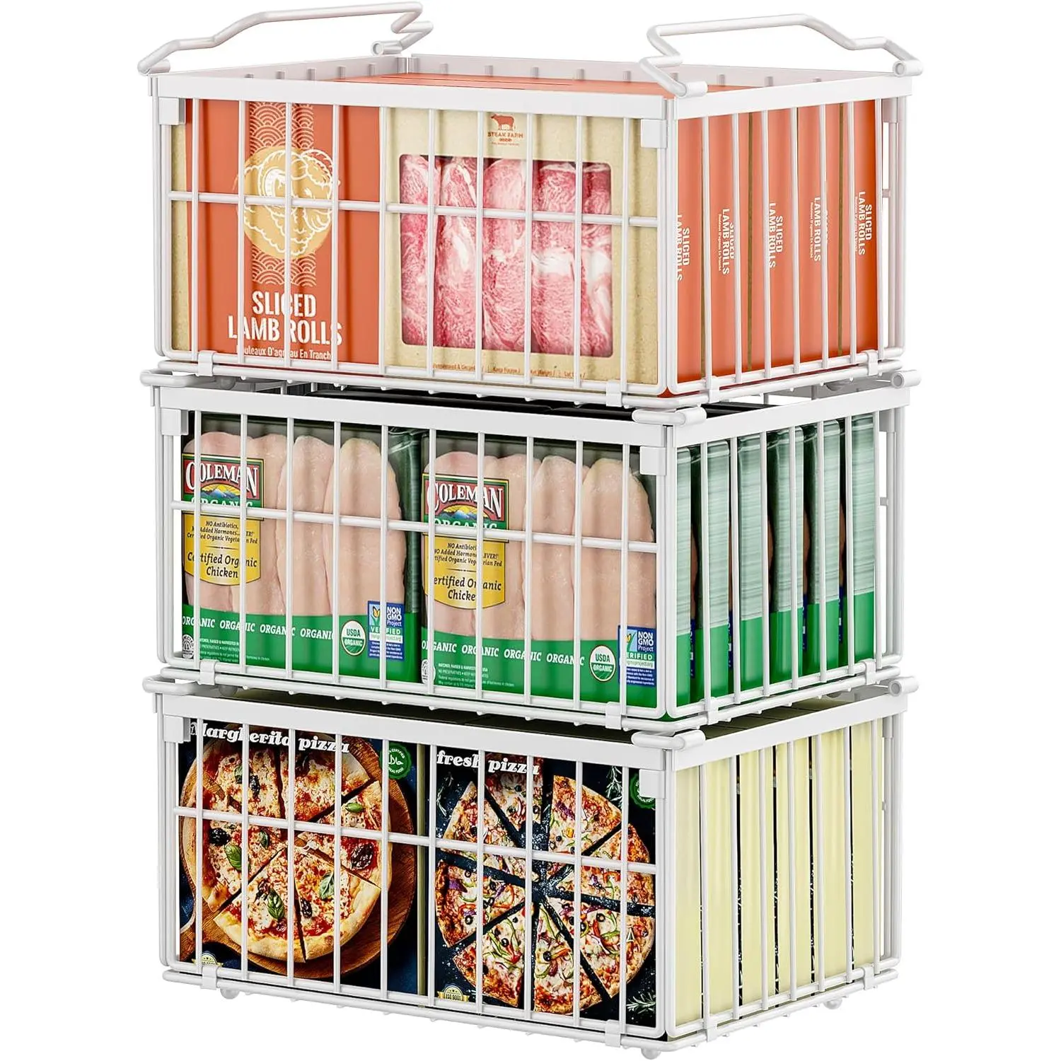 Freezer Organizer Bins, Enlarged Stackable Deep Chest Freezer Organizer Bins, Foldable Baskets with Handles, Container Baskets for 5 to 9 Cu.FT Deep Freezer Sort Frozen Meats (white 3 pack)