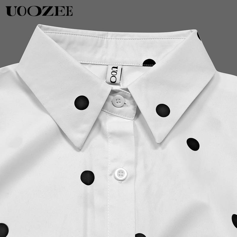 UOOZEE Women's Autumn Fashion Polka-Dot Lapel Blouses, Flared Sleeves Falbala Polka-Dot Lapel Collar Shirts Tops, Elegant White Chic Button Front Ruffle Collared