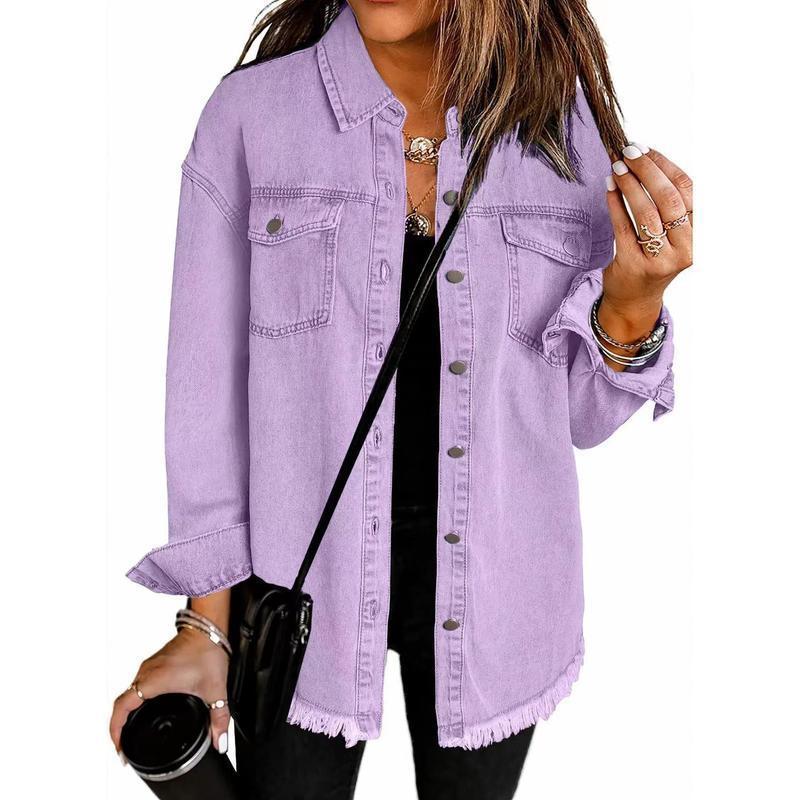 Women's Button Up Frayed Hem Shacket Long Sleeve Pockets Denim Jean Jacket