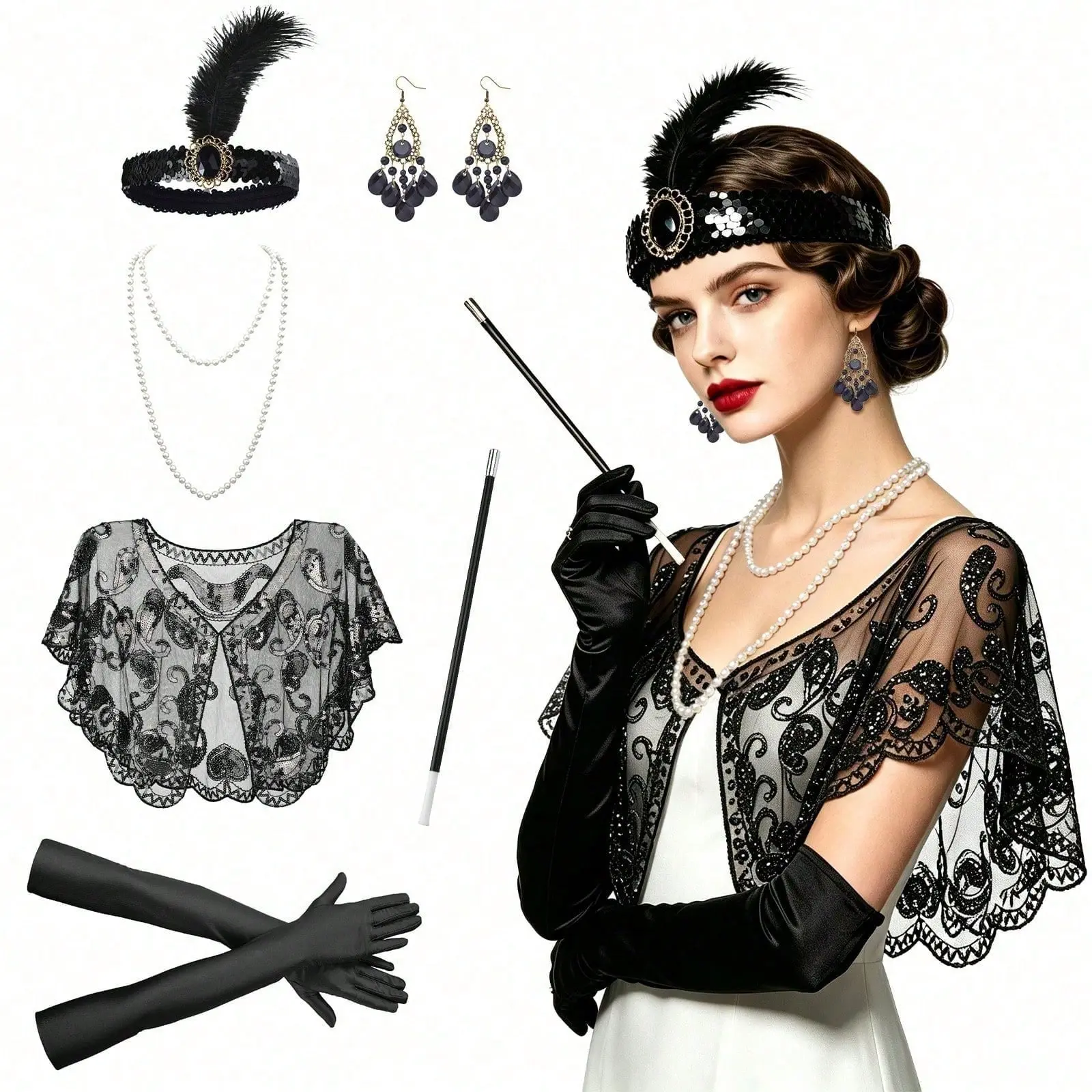 Women's 6-Piece 1920s Flapper Costume Set, Classic Roaring 20s Vintage Party Dress Up, Feather Headpiece, Pearl Necklace, Sequin Shawl, Black Opera Gloves & Cigarette Prop, Halloween Cosplay Accessories