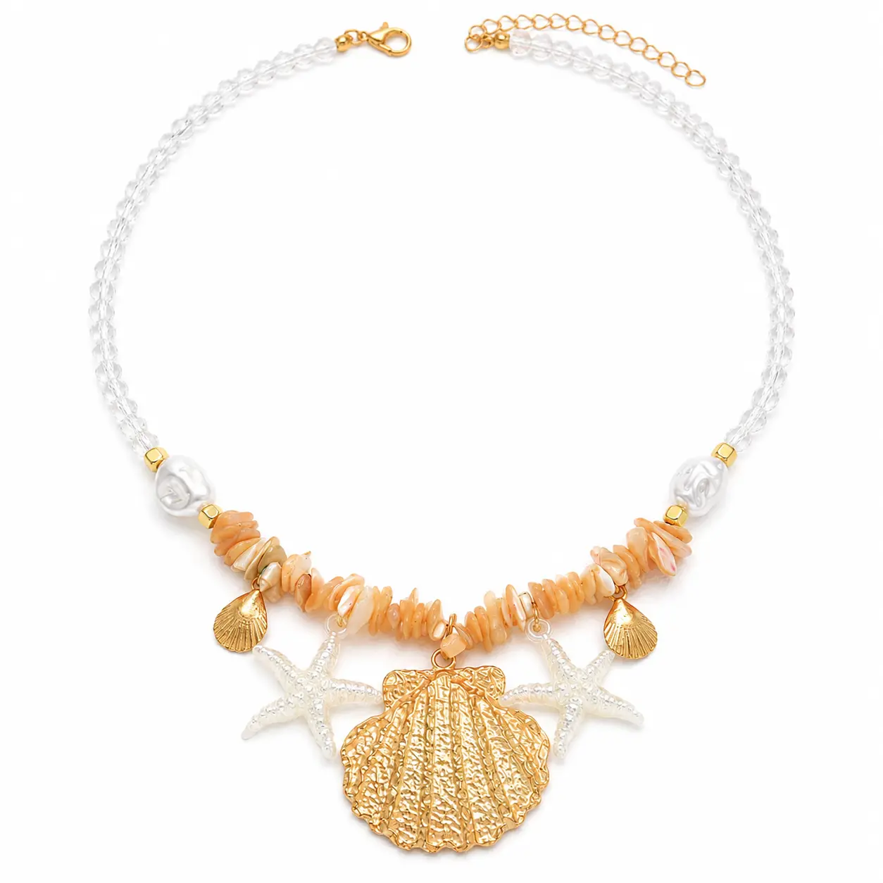 Statement Chunky Beaded Necklace for Women, Bohemian Choker with Gold Seashell Pendant and Starfish Charms, Adjustable Acrylic Stone & Zinc Alloy Holiday Jewelry, Chunky Necklaces, Beaded Necklaces