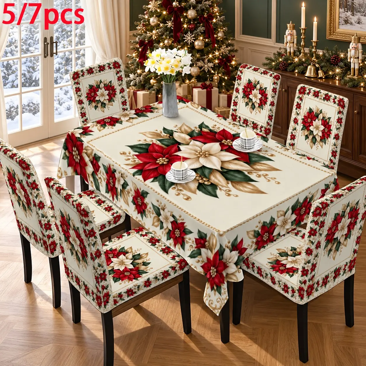 5PCS/7PCS Christmas rice bottom poinsettia flower tablecloth chair cover set (1 tablecloth+4/6 chair covers) 140 * 210cm tablecloth, easy to disassemble and wash, suitable for autumn home decoration/kitchen decoration; Suitable for camping, weddings, room
