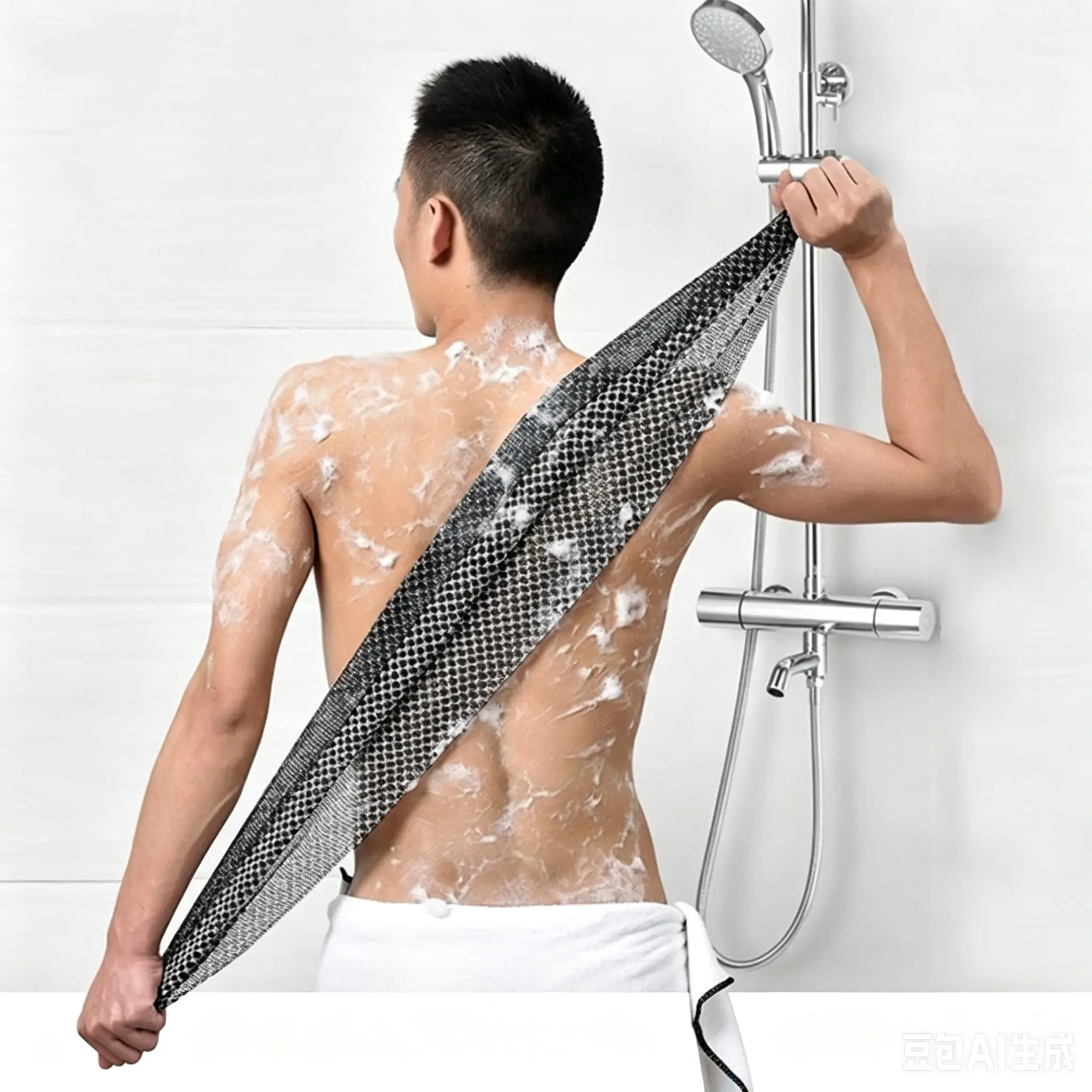 Exfoliating Nylon Yarns Shower Towel - Long Back Scrubber for Women, Black Grid Design, Rich Foam, Rinse Easily, Sensitive Safe Bath Loofah Net Sponge Alternative for Deep Cleansing