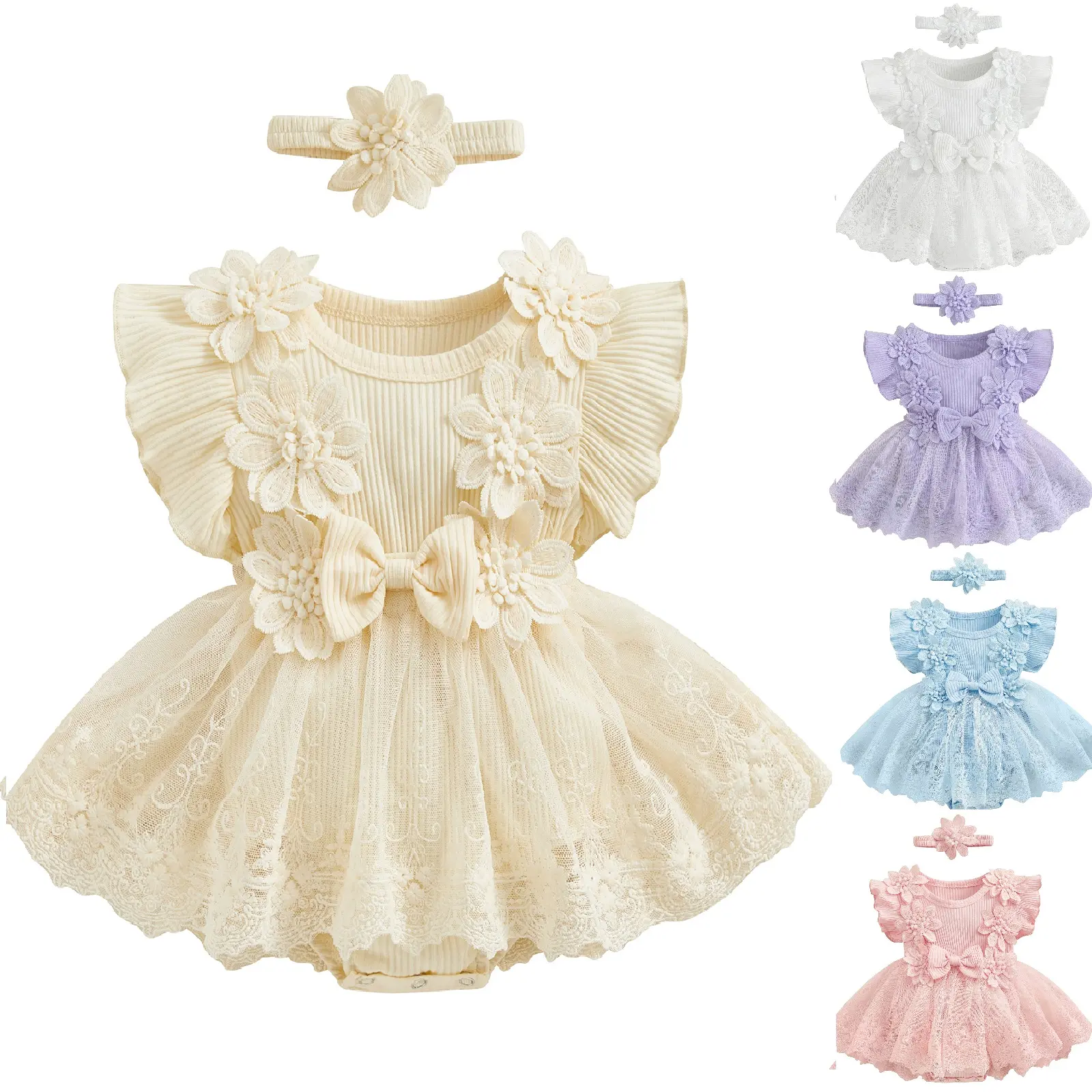 Baby Girls Lace Mesh Tutu Romper Dress Short Sleeve Newborn Outfit with Matching Headband