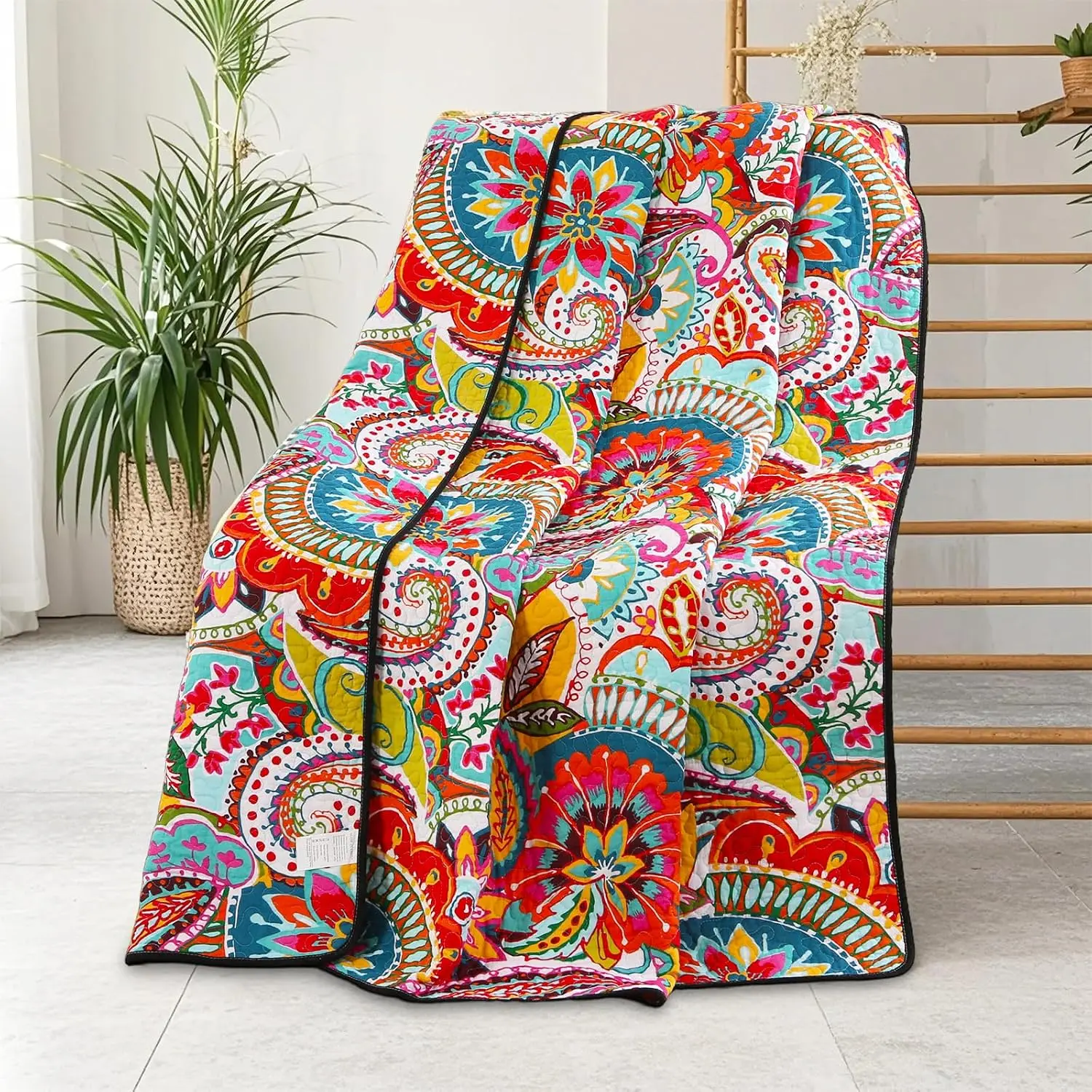 Quilted Throw Blanket, Soft Boho Quilt 59"x79", Bright Colorful Red, Orange,  and Blue Reversible Paisley Lightweight Quilts for Couch Sofa Beds