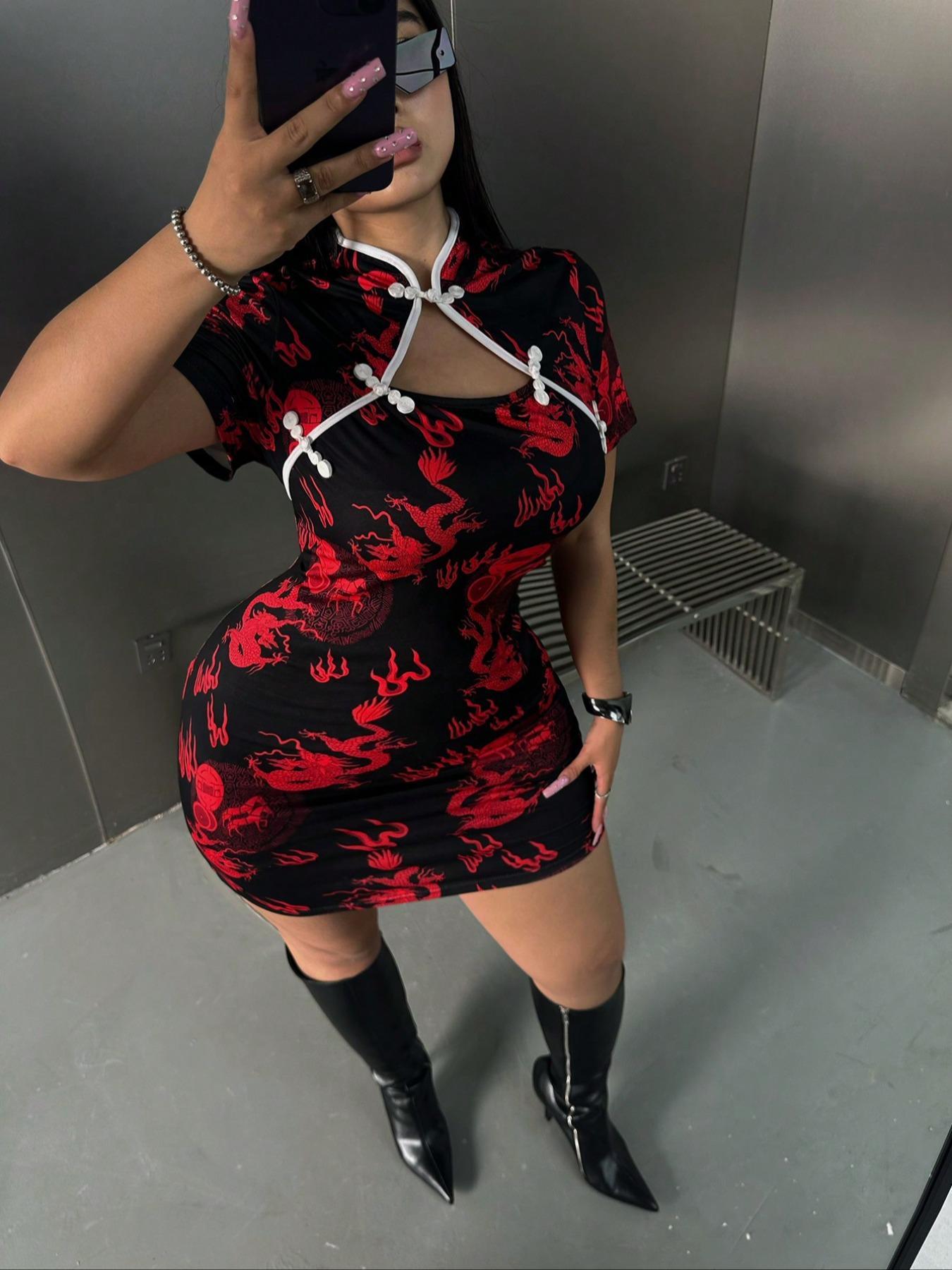 [plus Size] Ethnic Pattern Print Mandarin Collar Bodycon Dress, Elegant Short Sleeve Short Dress for Party Holiday Wedding Guest, Women's Clothes for All Seasons, Formal Dress Hides Tummy, Shortsleeve Womenswear Lady