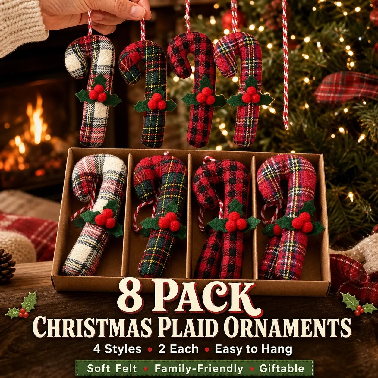 8pcs Plaid Tartan Christmas Candy Cane Ornaments Set, Fabric Scottish Check Pendants with Berries, Xmas Tree Decoration, Holiday Decor