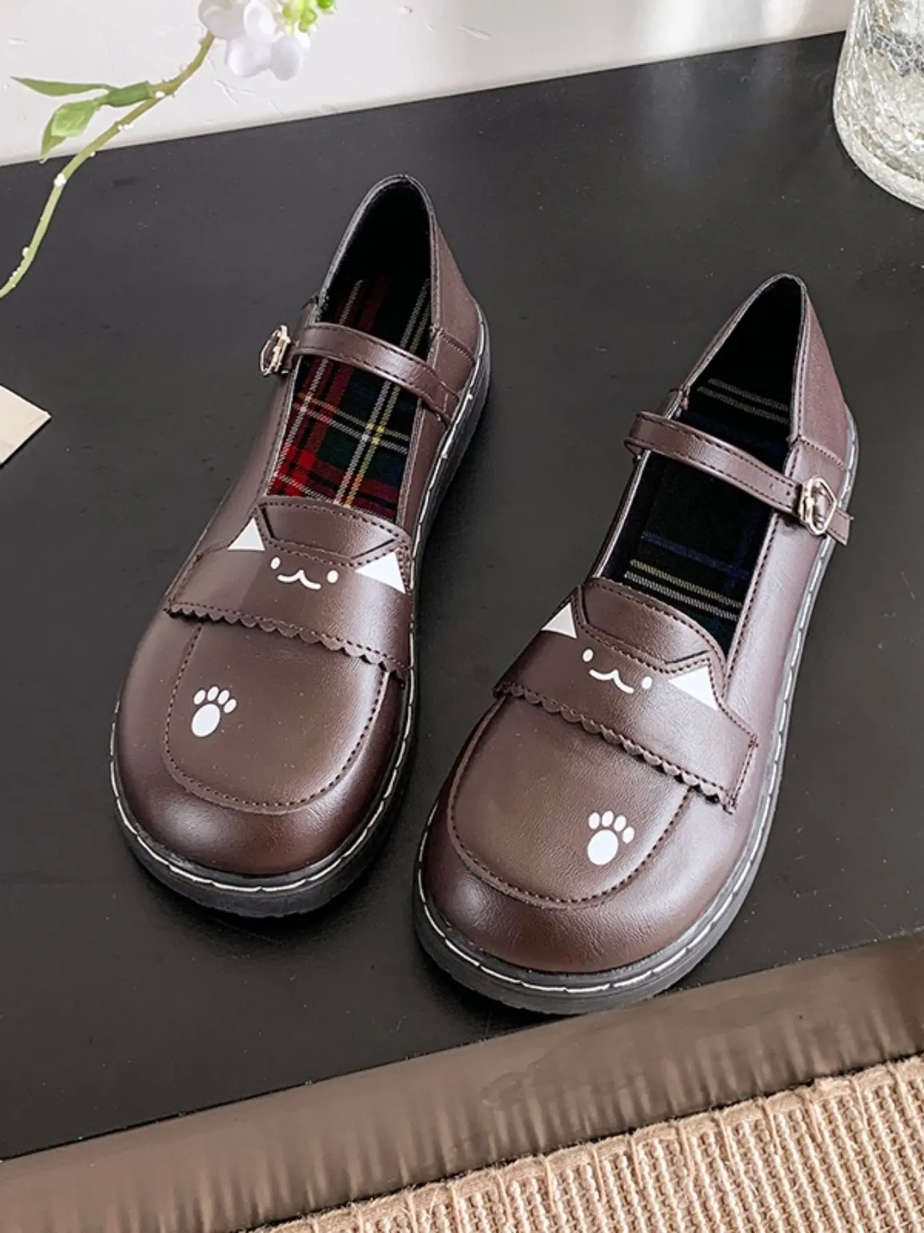 Japanese Style Cute Cat Paw Print Mary Jane Shoes, Girls' Versatile Buckle Flat Shoes, College Style Soft Girl Round Toe Thick Sole Casual Shoes