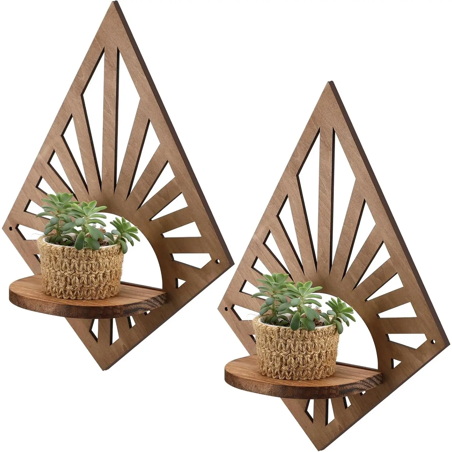 Menkxi Set of 2 Boho Wall Decor Wooden Boho Floating Shelves Vintage Mid Century Modern Shelf Brown Wall Mounted Candle Holder Plant Shelves for Nursery Living Room Decor(Diamond)