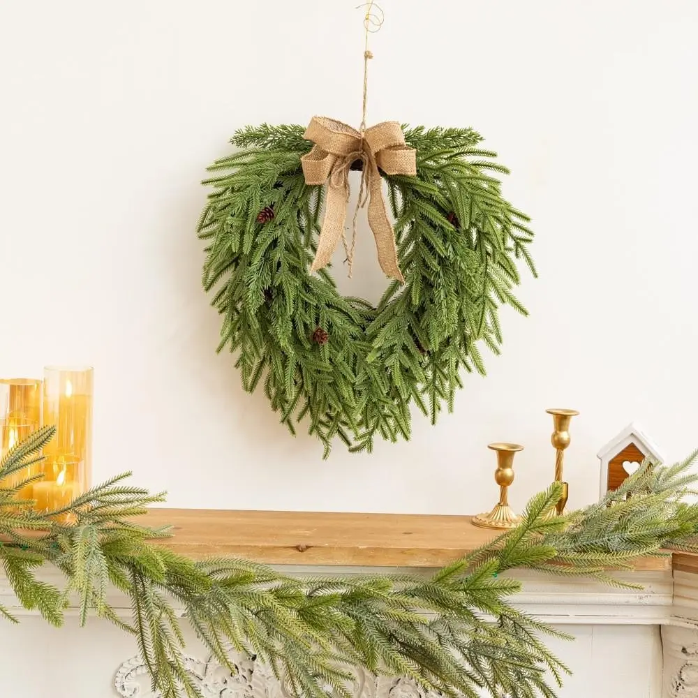 20 Inch Heart Shaped Artificial Norfolk Pine Christmas Wreath, Soft Touch Faux Greenery, Burlap Bow, Pine Cones, Indoor Outdoor Decor