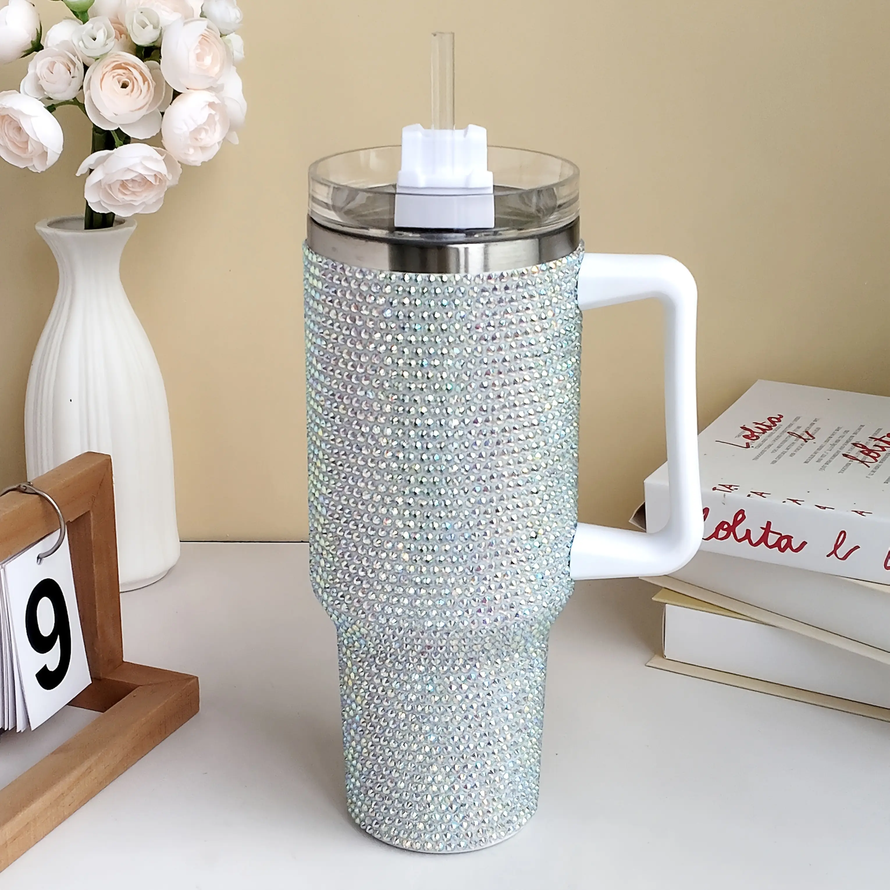 Women's 40oz Stainless Steel Insulated Tumbler Water Bottle - Silver Diamond Vacuum Flask, Portable Double-Wall Travel Mug with Handle, Straw Lid, Studded Bling, Car Cup Holder-Friendly, Water Bottles, Flasks