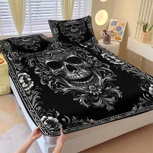 3PCS Dark Skull Gothic Style fitted Sheet Set, 1 Fitted Sheet + 2 Pillowcases - 3 Piece, Soft Microfiber Deep Pocket Design, Trendy Cool Bedroom Infused with Gothic Romance, Unlocks Niche Trendy Bedroom Style Bedding Accessories