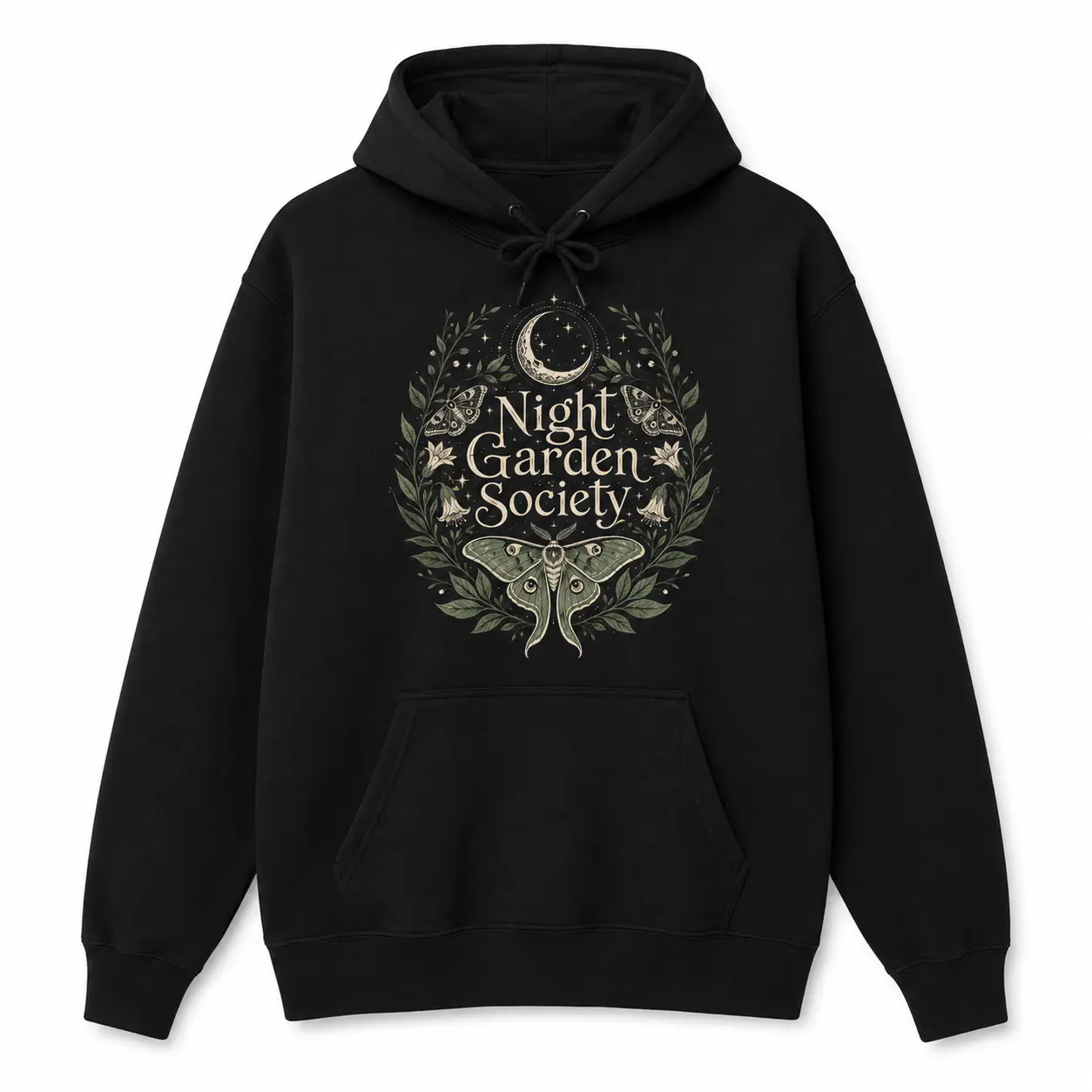 Men's Graphic Sweatshirts, Night Garden Moth & Moon Cottagecore Hoodie, Casual Everyday Long Sleeve Pullover Tops for Nature Lovers, Garment, Print, Original Art, Nature Theme