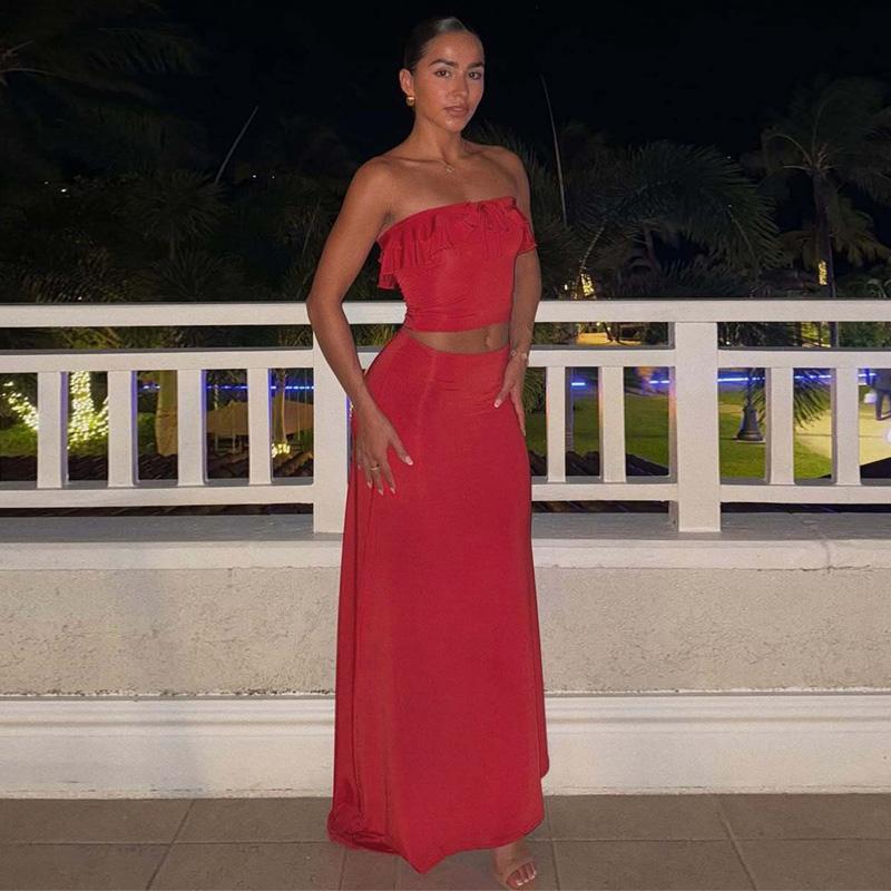 Two-Piece Set Women's Solid Color Tube Top & Skirt, Chic Backless Crop Top & Skirt for Beach Holiday Vacation, Ladies Clothes for All Seasons