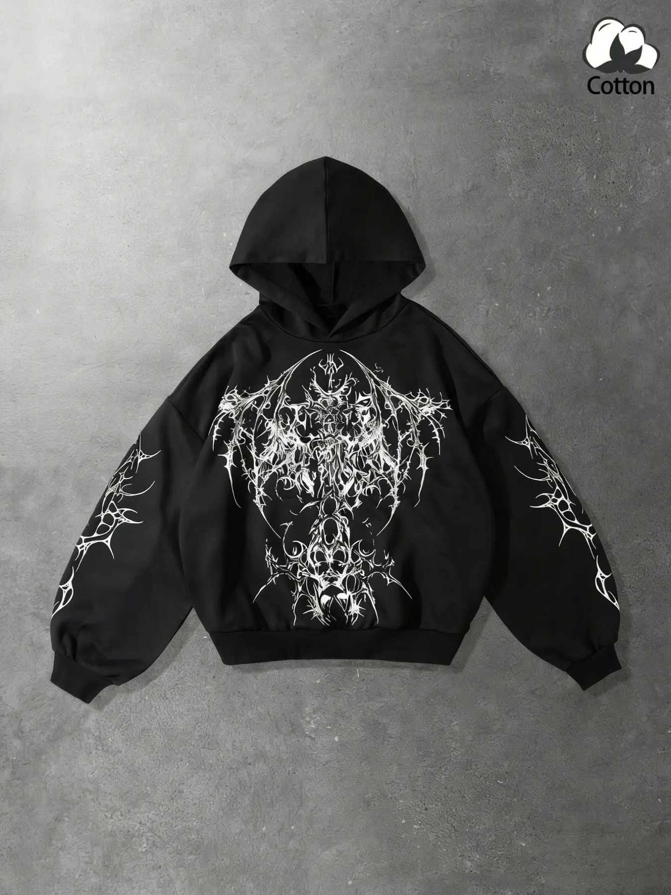 Men's Cotton Gothic Hoodie, Symmetrical Thorn Devil Totem, Sharp Edge Print, Loose Fit, Fall & Winter, Music Festival, Skateboarding, Nightclub