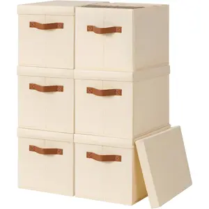 Storage Bins with Lids - Fabric Storage Baskets for Shelves, 6 Pack Foldable Decorative Boxes with Handles, Stackable Organizer Bins for Home, Nursery, Dorm, Beige