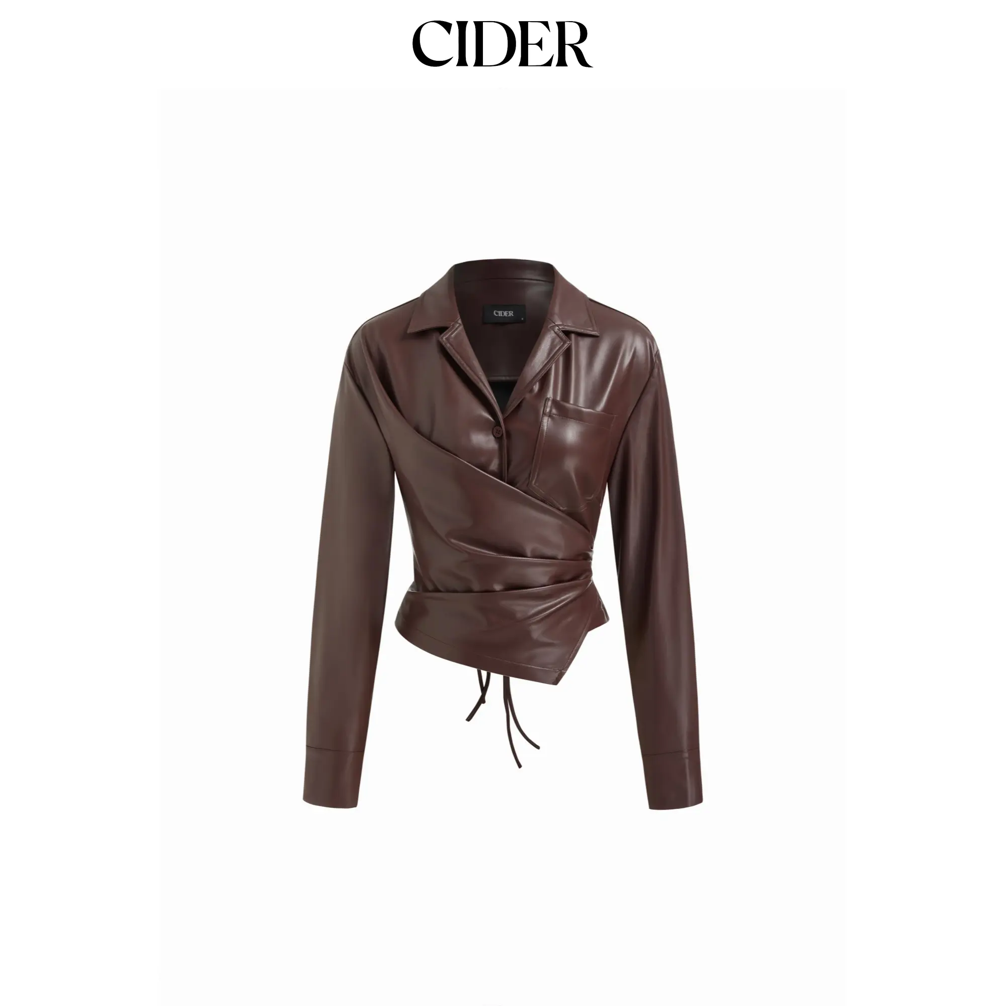 Cider Faux Leather Collar Long Sleeve Wrap Tie Back Blouse