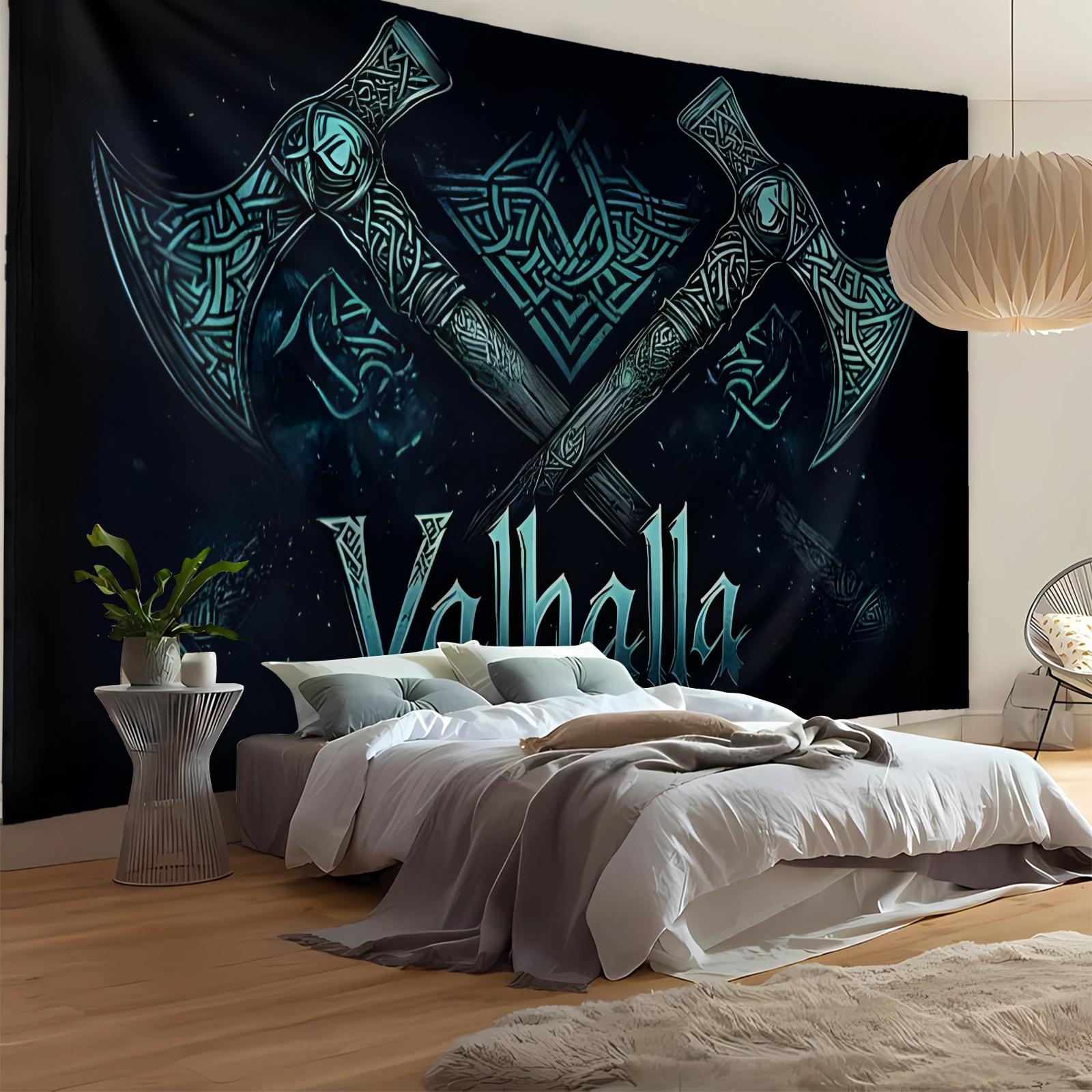 Fantasy Axe Theme Banner with Celtic Knots and Stars, Vibrant Blue Wall Art for Living Room Bedroom Office Party Backdrop, High-Quality Peach Beige Fabric Home Decor