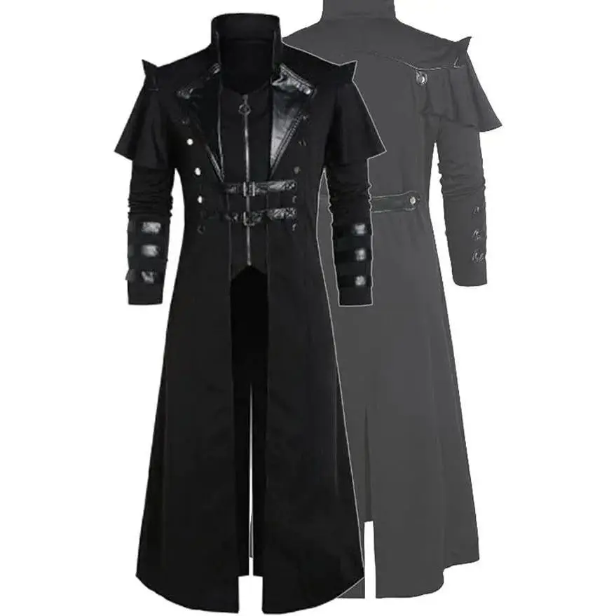 Men's Steampunk Gothic Long Trench Coat Jacket Double Breasted Zipper Punk Tops Cosplay Medieval Costume Black