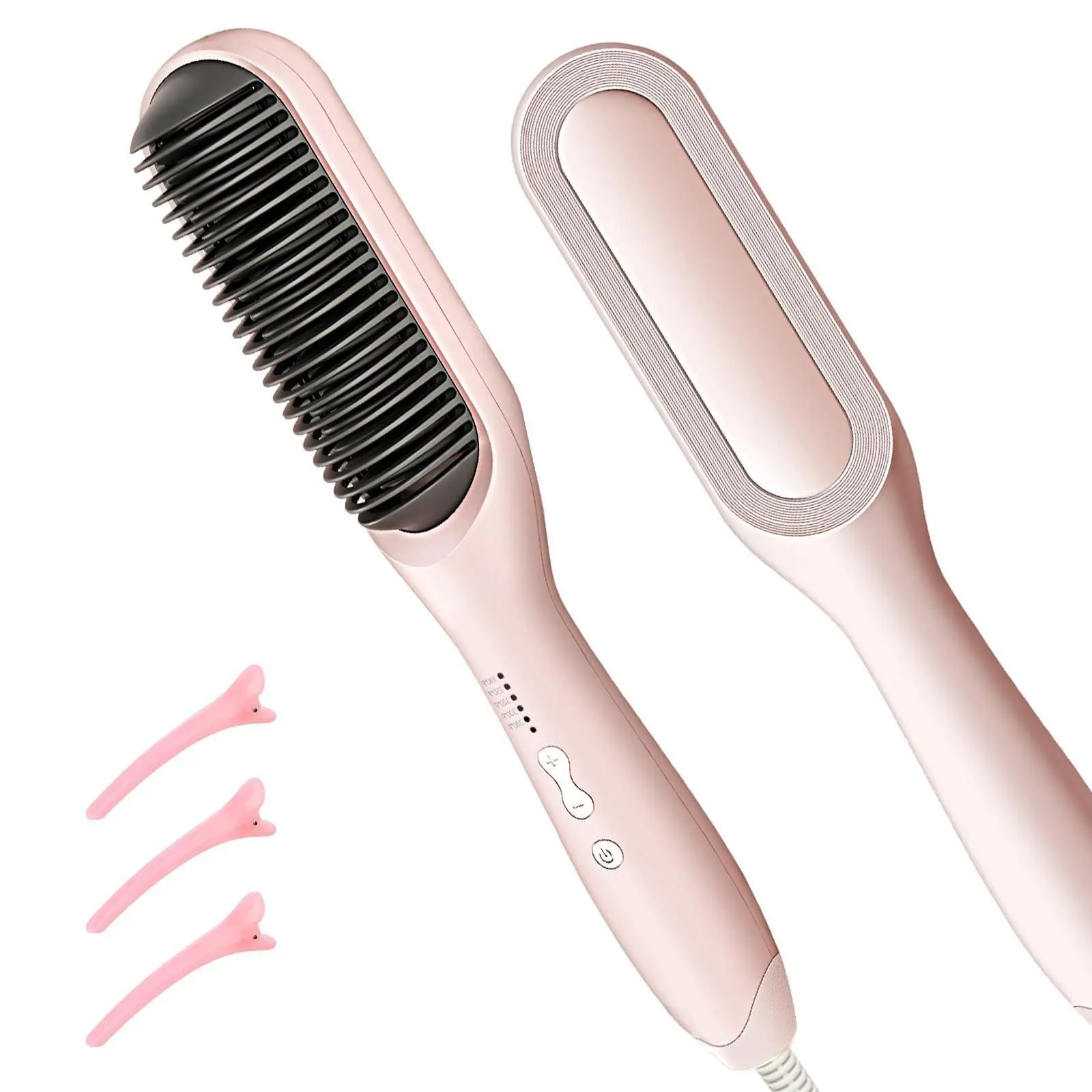 Women's 2-in-1 Smooth Hair Straightener Hair Brush - Thermal Brush, 5 Temperature Settings, Fast Heating, Dual Voltage (110-240V), Anti-Scald, Auto Shut Off, Pink Frizz-Control Tool for Indoor Recreation, Birthday/Christmas Gift for Family