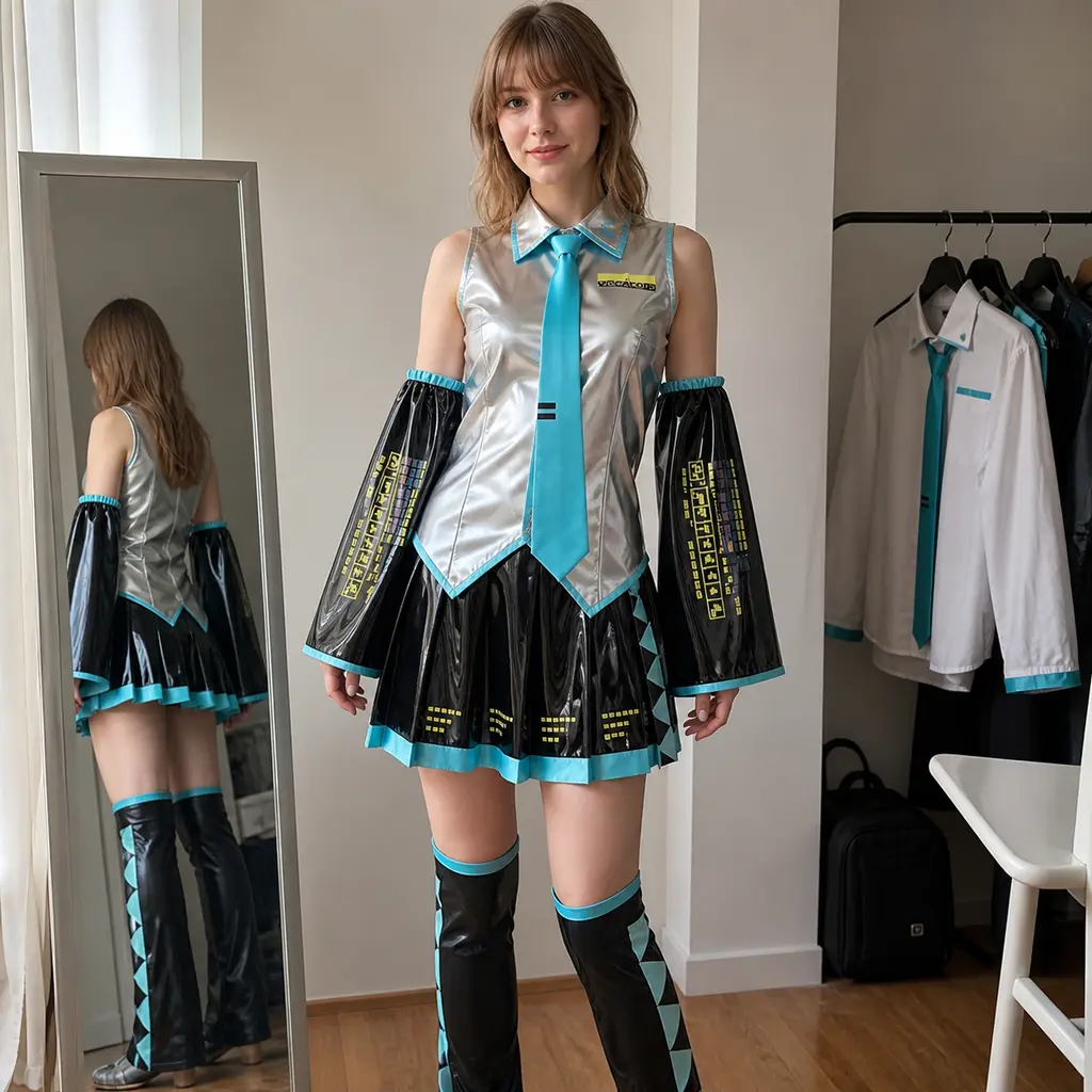 Women’s Silver Blue Anime Cosplay Costume Set with Tie, Pleated Skirt, Arm Sleeves and Waist Belt