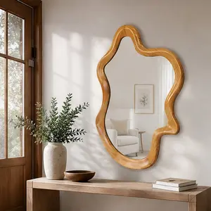 ARCH Irregular Shaped Wall Mirror with Natural Wood Frame 33.46x22.24 Inch Unique Design Mirror for Bathroom Bedroom Living Room Entryway Decorative Wall Mounted Mirror Clear Reflection Distortion-Free Organic Wood Frame Art Decor