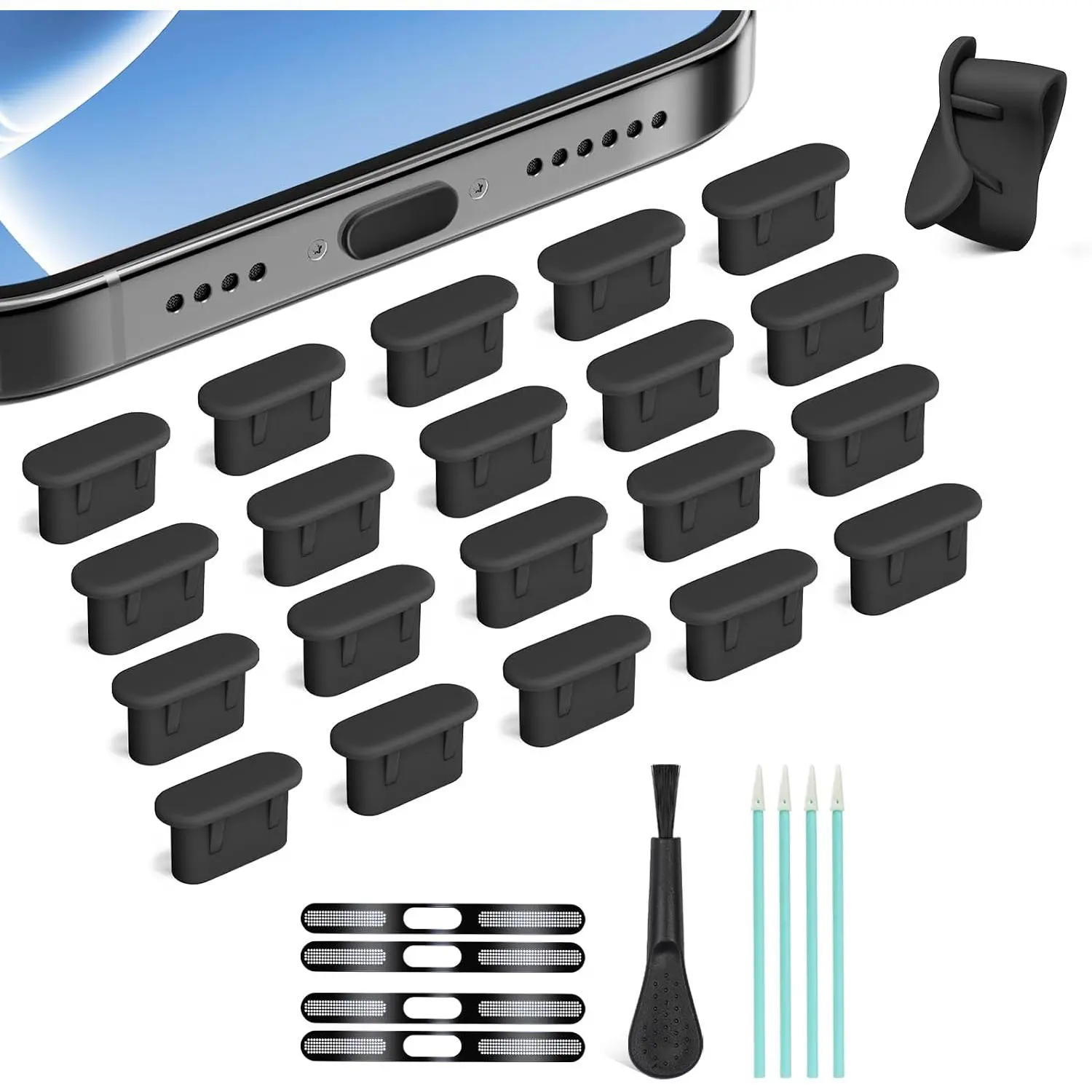 USB C Dust Plug, 5-in-1 20 Pack USB C Plug Cover with 4 Pack Speaker Dust Cover  Port Protector for  15/16/17/Galaxy/ USB C-Port Devices (Black 20+Speaker Cover)