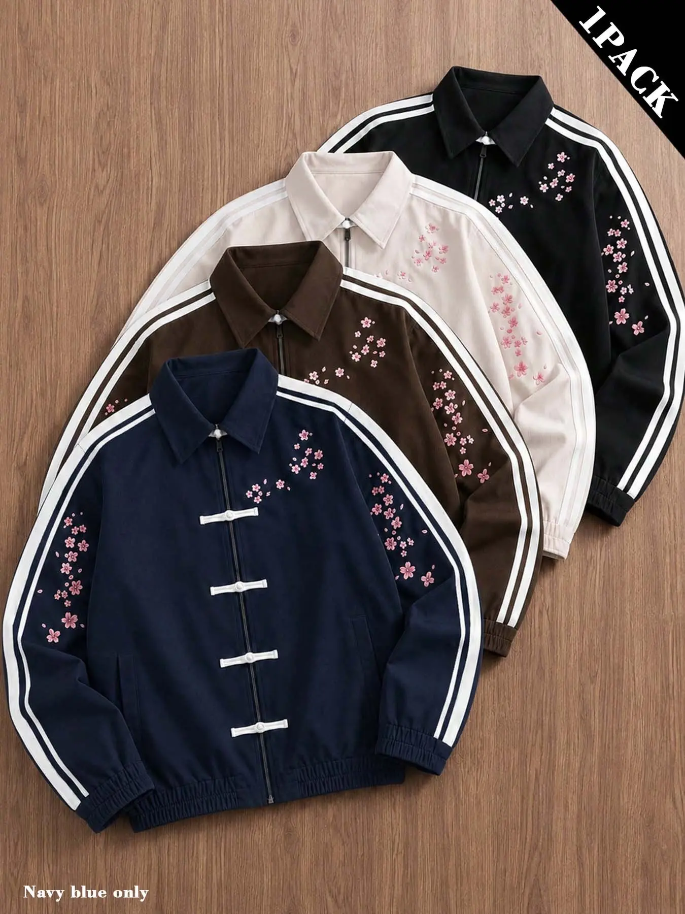 Eastern cherry blossom lapel zip-up jacket, with Chinese-style frog button design and striped sleeves, a casual coat perfect for daily commuting, campus life, and weekend streetwear looks #ChineseStreetStyle #CasualJacket