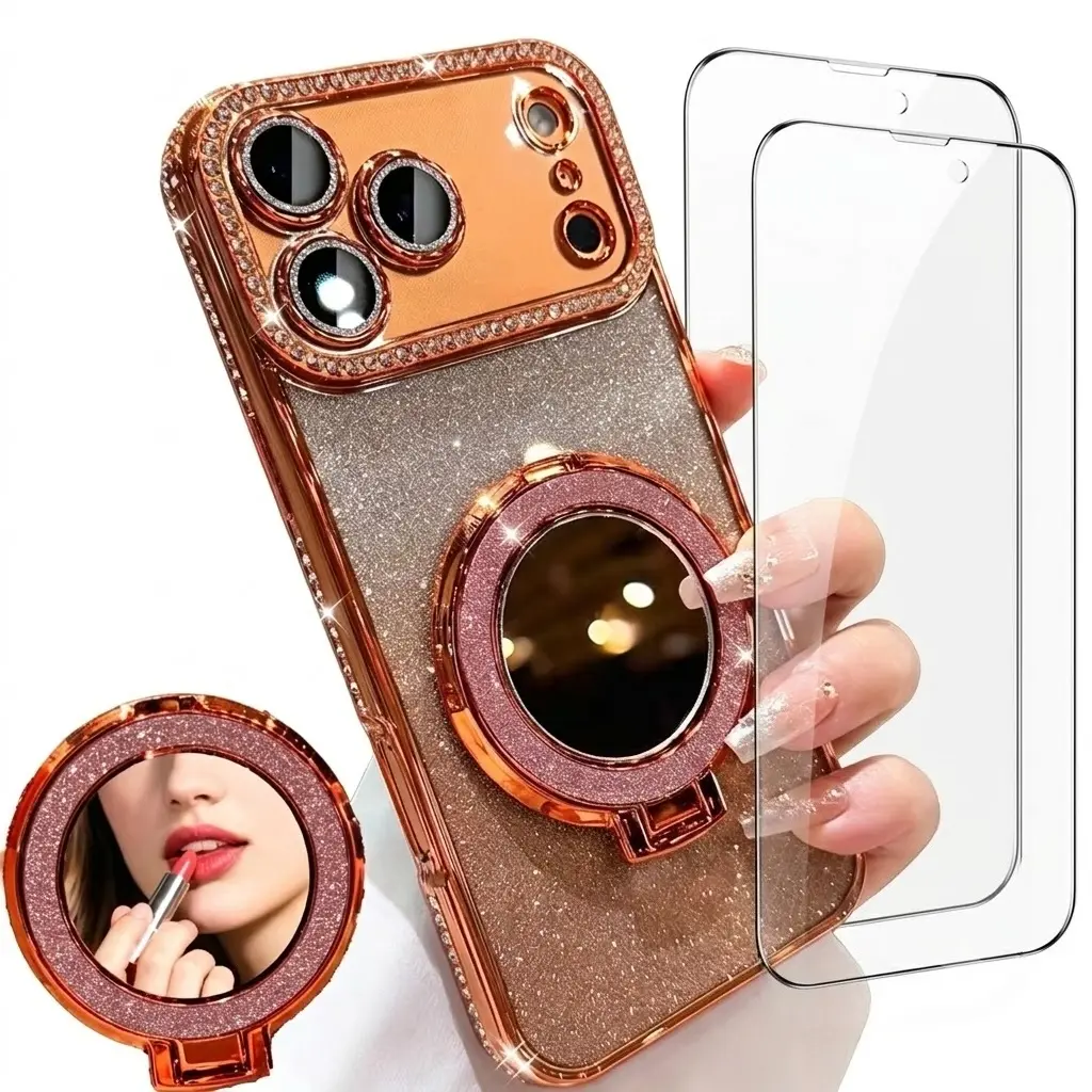 3PCS (1 Phone Case + 2 Tempered Glass Screen Protectors) Changjia Magnetic Kickstand Glitter Phone Case With Rhinestone Makeup Mirror & Camera Lens Protection, Cute Stylish Cover For Women Girls for iPhone 17 Pro Max 17 Pro 17 Air 17