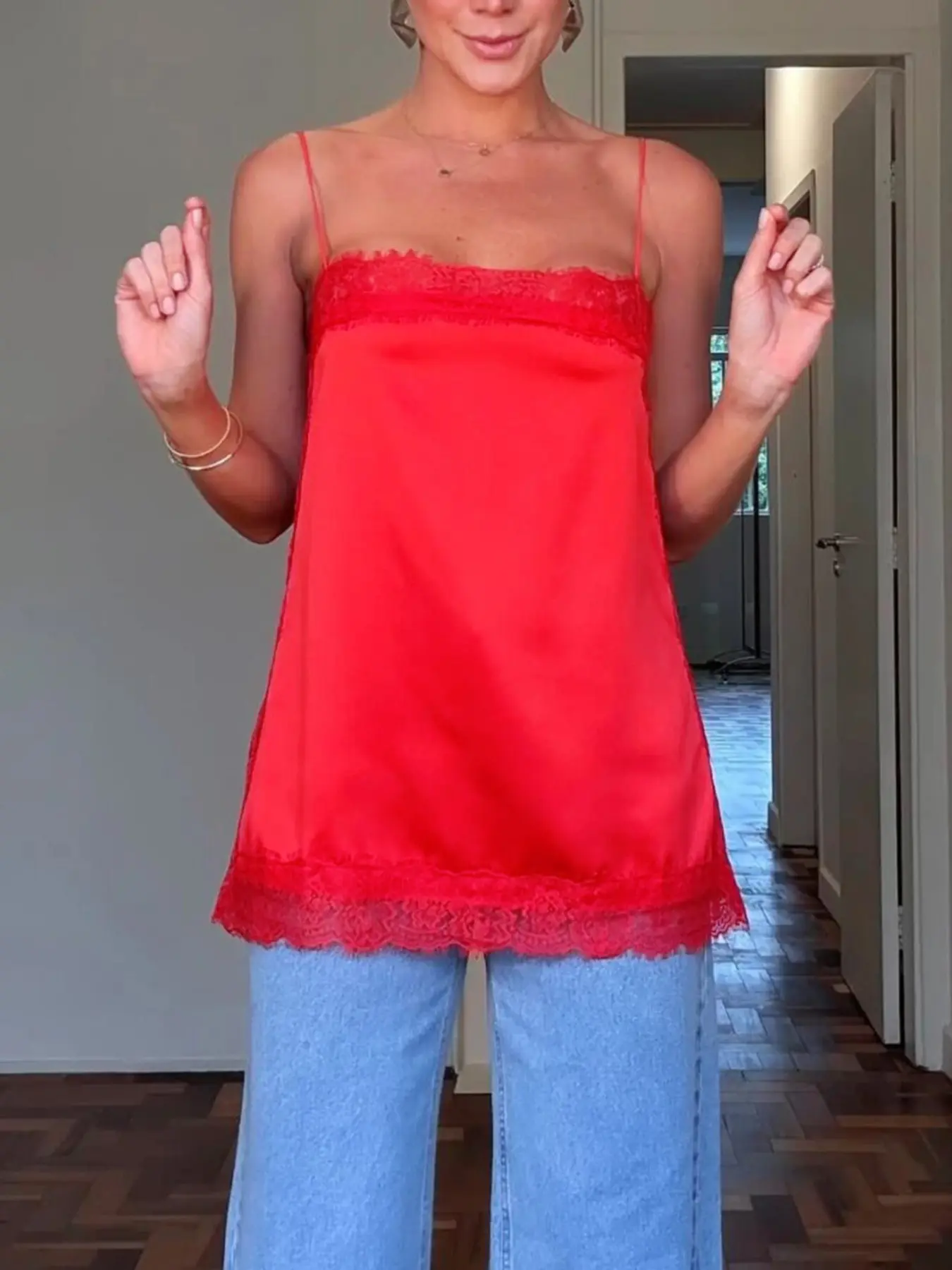 French Style Silk Acidic Strap, Floral Lace Medium-Length Outerwear, Versatile Small Strap, Loose, Sleeveless, Perfect for Everyday Wear