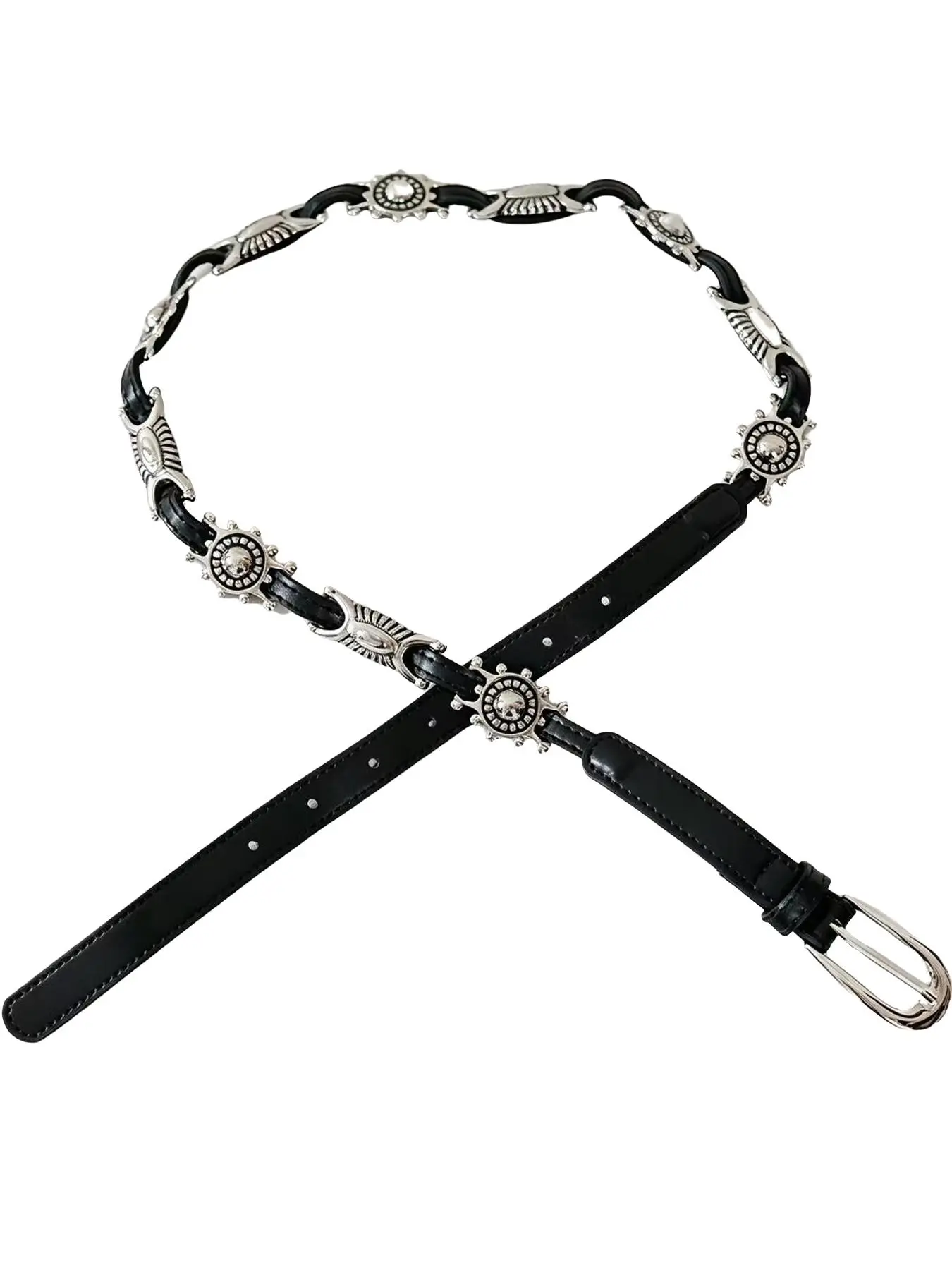 Women's Thin Belt, Vintage Silver Color Metal Connector, Navajo Western Ethnic Style, PU Leather Patched Metal, Y2K Chic, Dress Jeans Decorative Belt