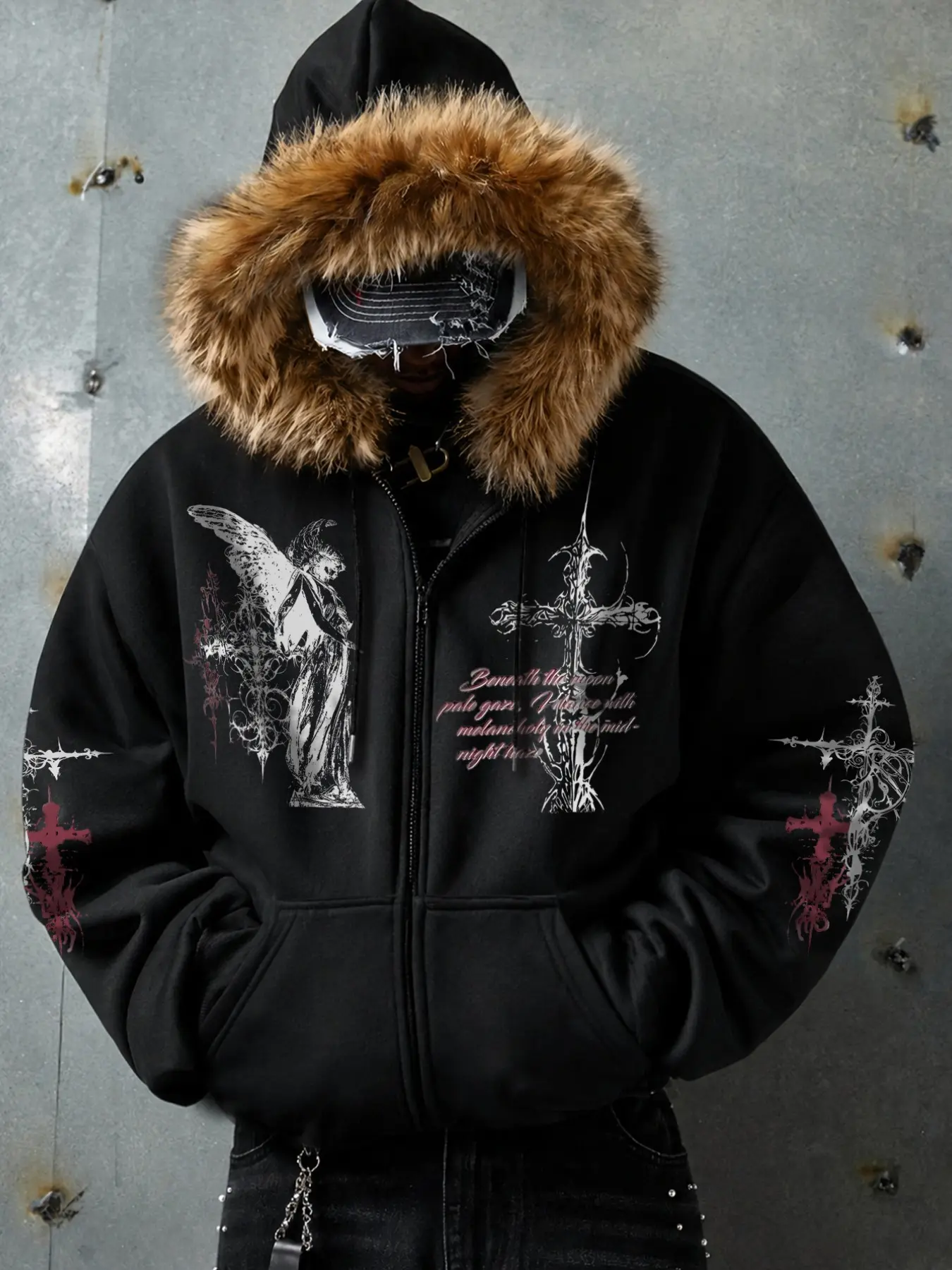 Men's Fall Winter Faux Fur Hooded Zipper Jacket, Long Sleeves, Detachable Faux Fur, Casual Street Style Streetwear, Gothic Print, Long Loose Fit Outerwear
