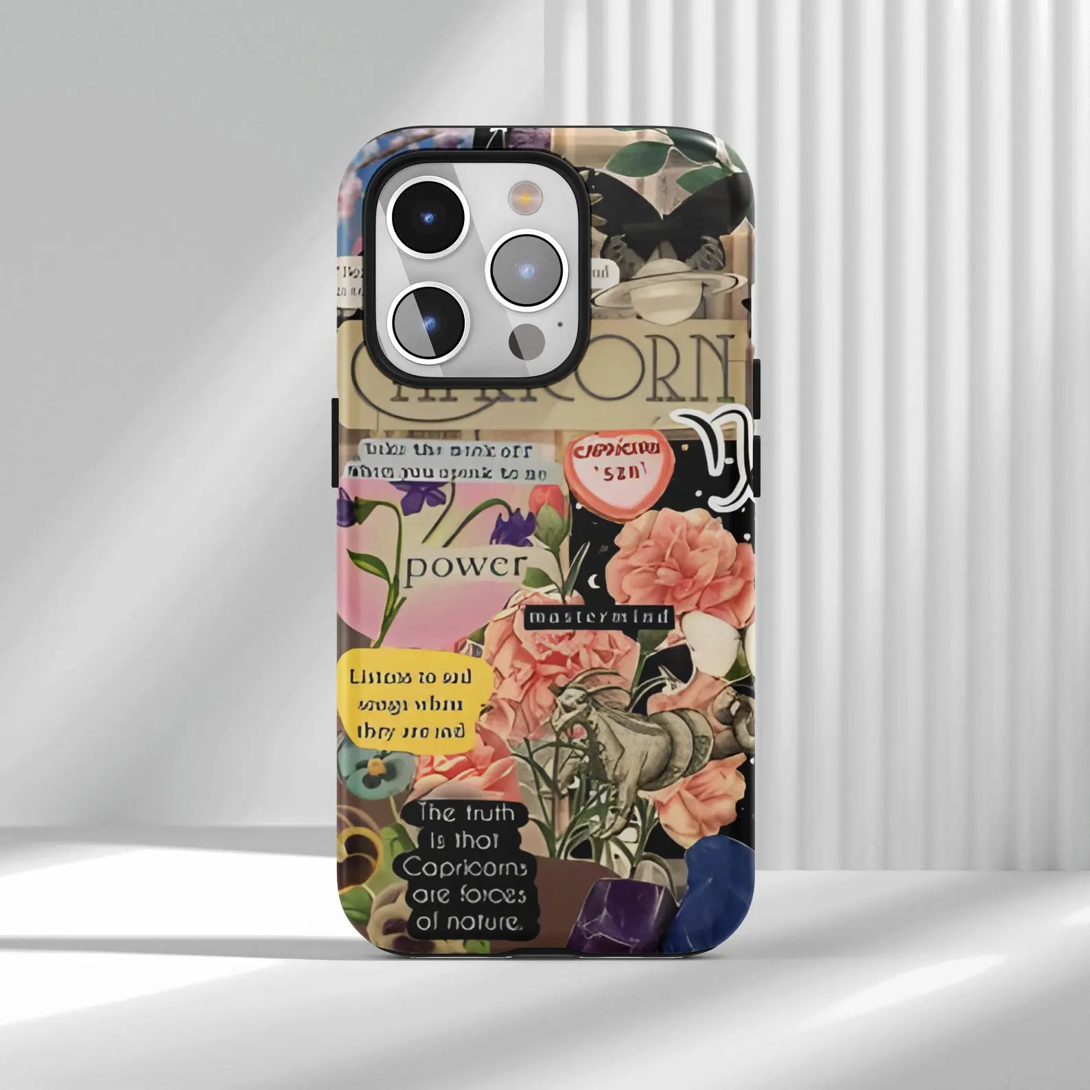 Capricorn Zodiac Collage - Vintage Fantasy Pattern Premium 2-in-1 Glossy Film Phone Case Compatible with IPhone 17 Air E 16 15 14 13 12 11 Pro Max Plus Samsung Galaxy S24 Plus S25 S22+ Ultra FE Edge Shockproof Anti-Scratch TPU Protective Cover, Protection