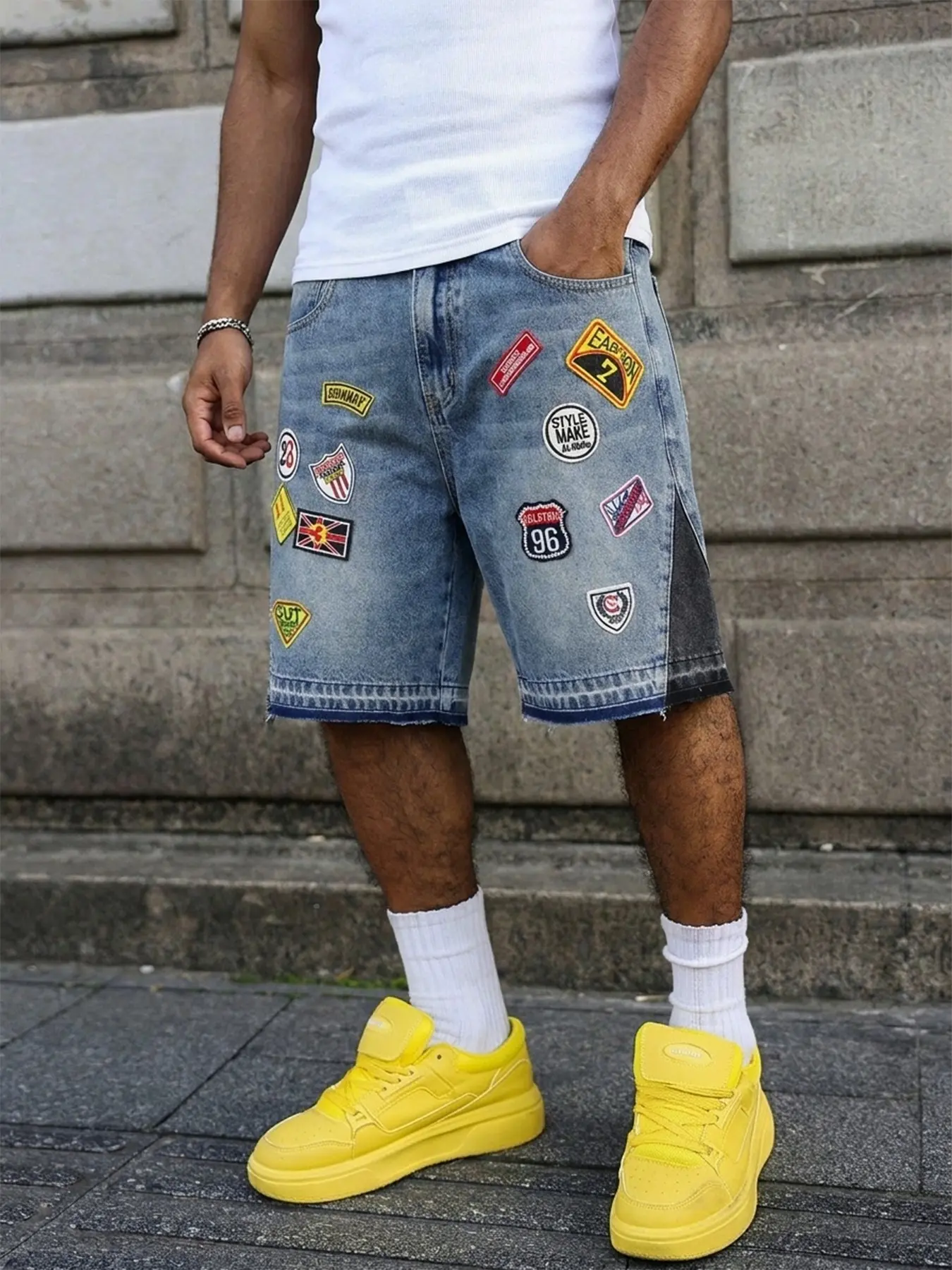 American Vintage Distressed Badge Jeans Shorts, Full Patchwork Colorblock, Men's Streetwear Loose Fit Slimming, All Seasons