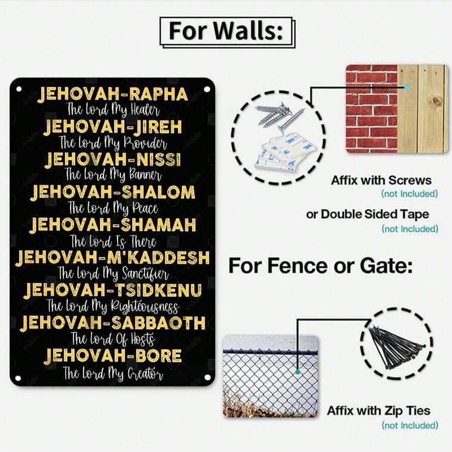 Vintage "Names of God – Jehovah" Bible Verse Metal Sign |   8x12 Inch Religious Aluminum Tin Wall Art for Home, Bedroom, Church & Office |   Inspirational Scripture Decor with Pre-Drilled Holes, Easy to Hang