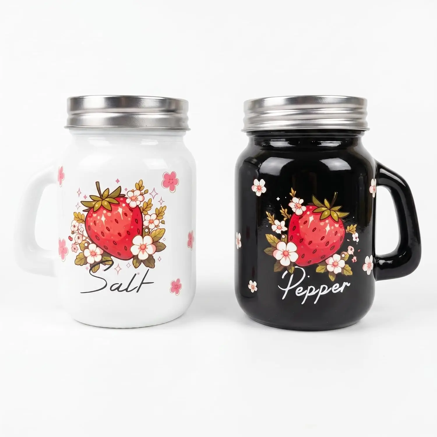 Cute Strawberry Salt and Pepper Shakers Set, Strawberry Kitchen| Strawberry Kitchen Decor Accessories, Glass, 4oz, Black and White