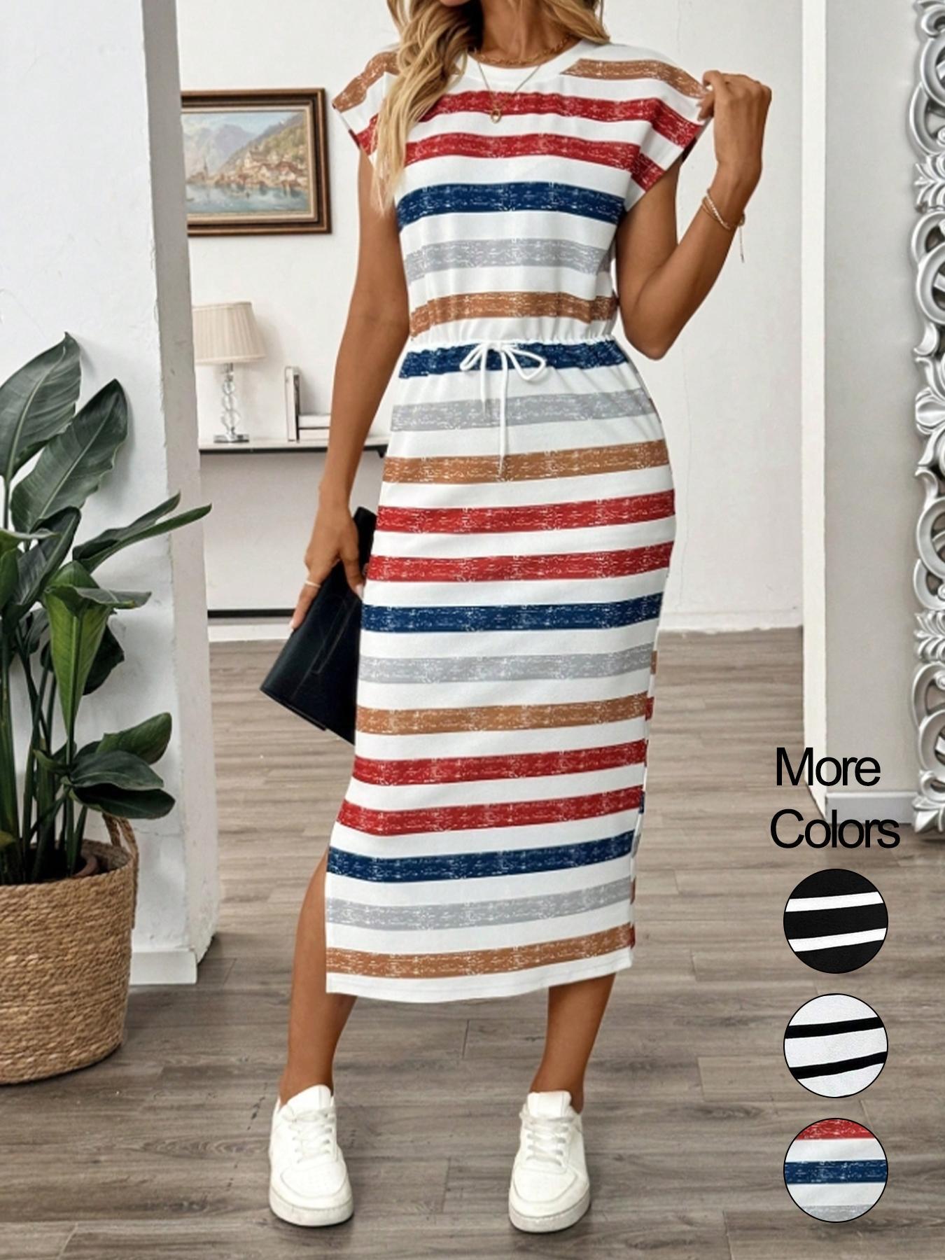 Women's Striped Print Batwing Sleeve Dress, Casual Dress for Spring & Summer, Women's Clothing for Daily Wear, Womenswear