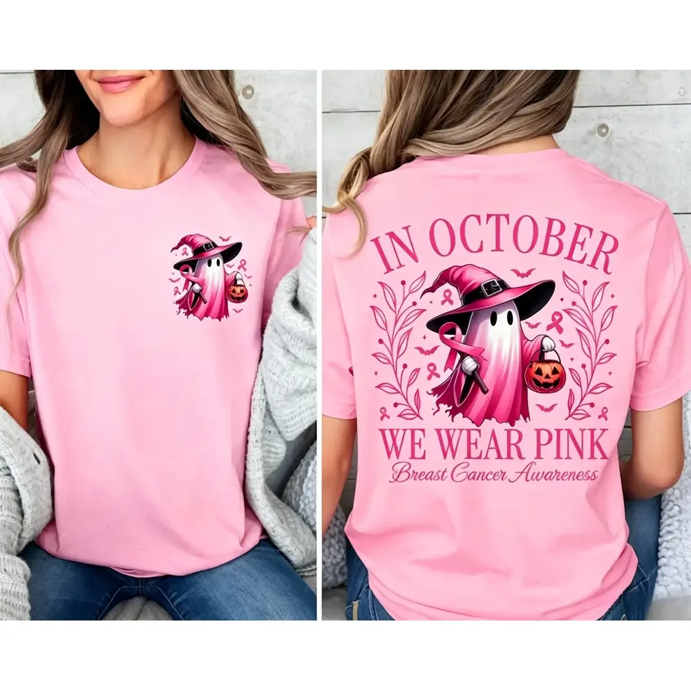 In October We Wear Pink Ghost Shirt, Halloween in October We Wear Pink, Breast Cancer Awareness Shirt,  Pink Ribbon Shirt, Wear Pink Pumpkin PGS0018