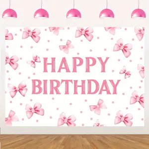 1Set Pink Bow Happy Birthday Backdrop Pink Bow Party Decorations Bow Birthday Photography Background Cloth for Girls Kids 1anniversary 2anniversary 3anniversary Birthday Party Decor Supplies Photo Booth 7x5ft