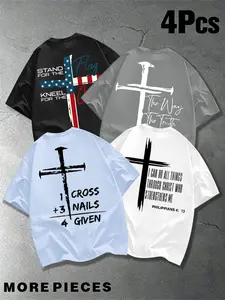 Men's 4-Pack Crew Neck Short Sleeve T-Shirts, Back Printed with Cross, American Flag and Scripture Text, Loose Fit Casual Christian Streetwear Religious Graphic Tees for Daily & Fitness Wear