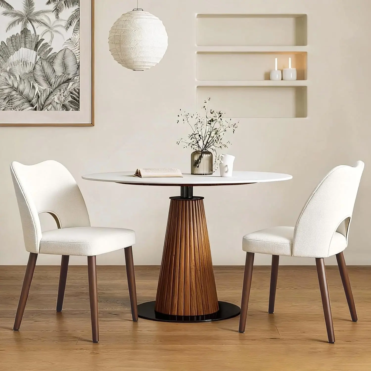 Wooden Dining Chair Set of 2 – Modern Fabric Upholstered Dining Room Chairs with Hollow Back & Adjustable Foot Pegs for Dining Room & Living Room