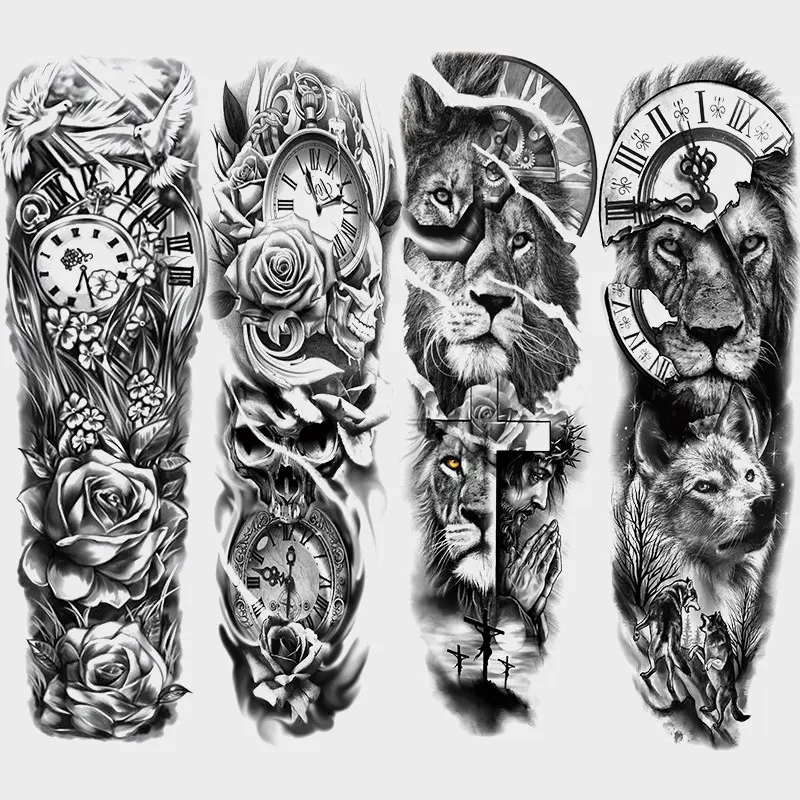 4 Piece Rose Clock Lion Temporary Tattoos, Large Full Arm Tattoo, Waterproof Long-Lasting, Unisex Body Art for Arms and Legs