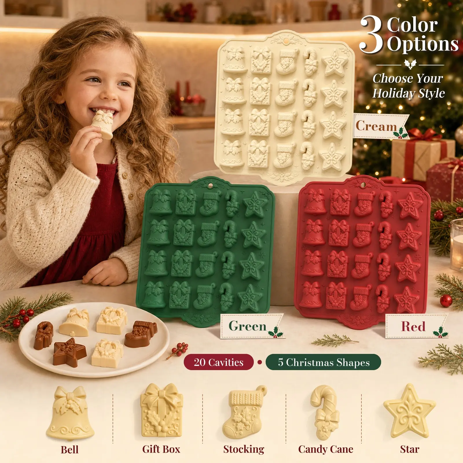 20 grid Christmas Mini Cake Mold, Bell Gift Sock Cane Star Creative Shape, Silicone Candy Jelly Chocolate Bakingice cube Mold, DIY Resin Mold