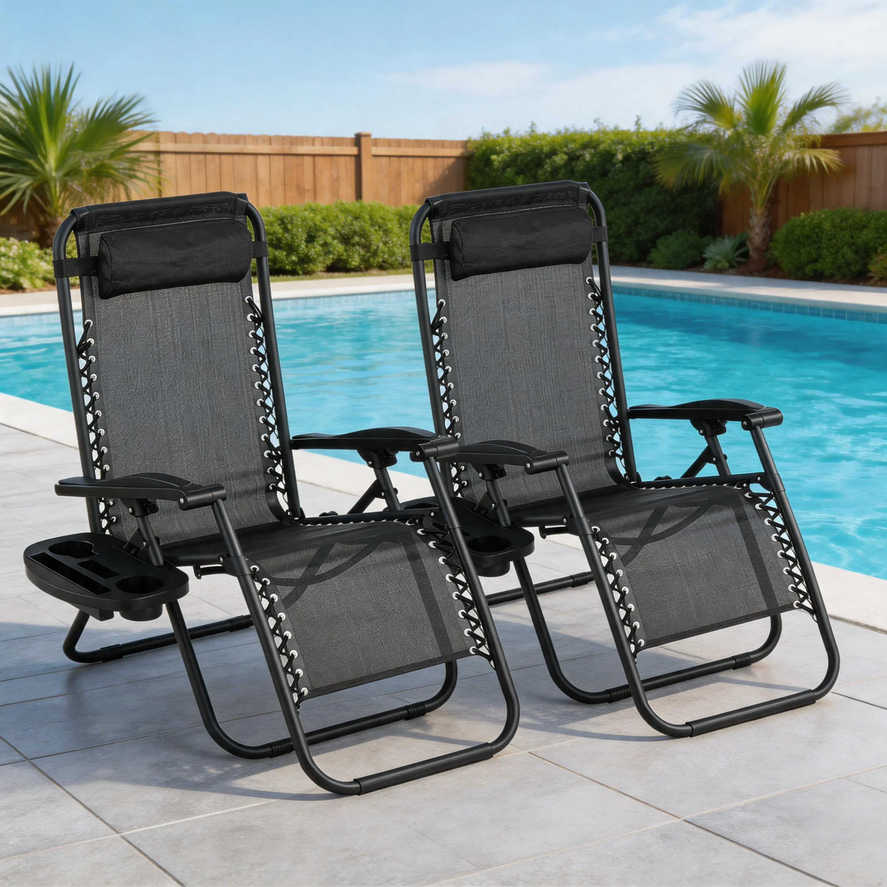 Portable & Folding Lounge Chair Set of 2 with Adjustable Backrest, Patio Lounge Chair Outdoor with Side Tray & Headrest, Chaise Longue for Poolside Backyard Deck Garden