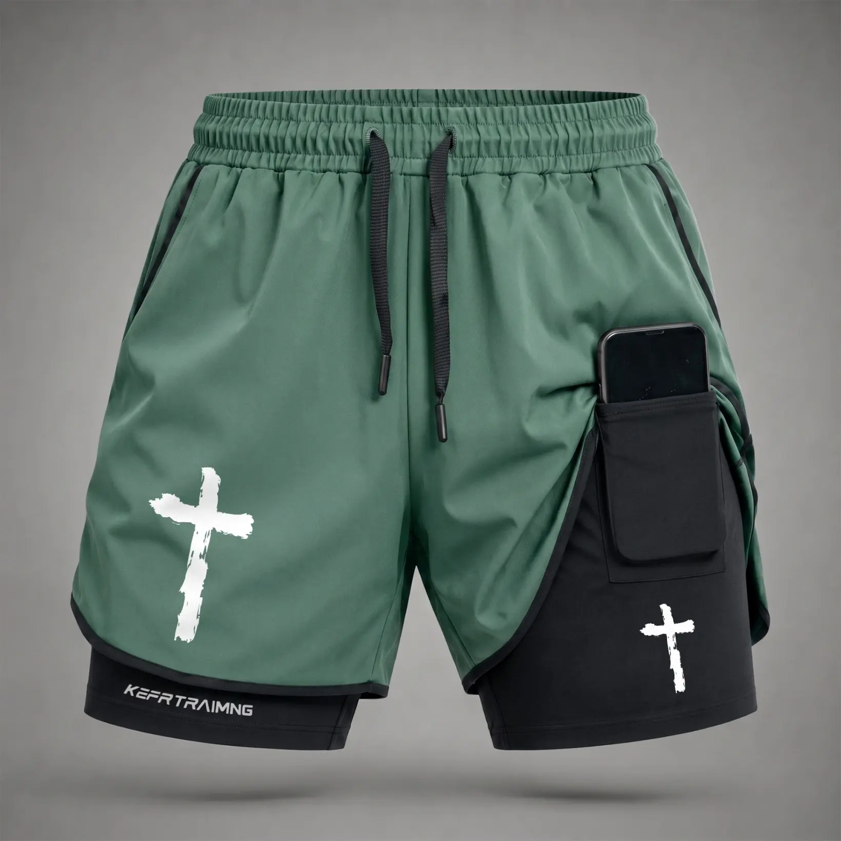 Male Regular Fit Polyester Blend Gym Workout Shorts, Men’s Minimalist Christian Cross Print 2-in-1 Design, Stretch Compression Liner, Side Phone Storage Pocket, Adjustable Drawstring Waist, Lightweight Quick-Dry, Machine Wash, Phone Pocket, Running Sports