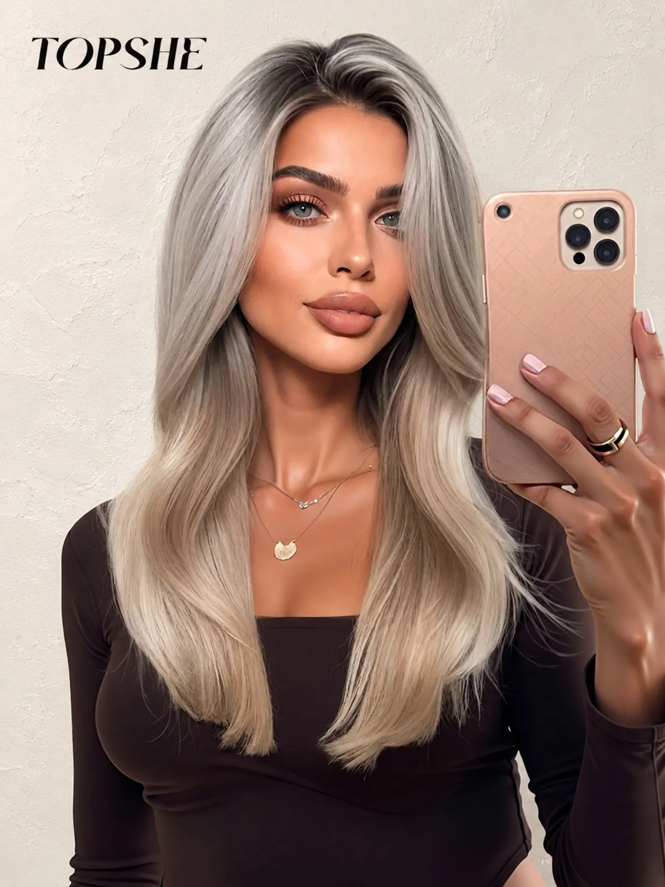 Topshe Synthetic Mono Lace Wig, Deep Root Gradual Platinum Middle Part Long Straight Hair, 20 Inches, Glue-Free, Women's Party Style