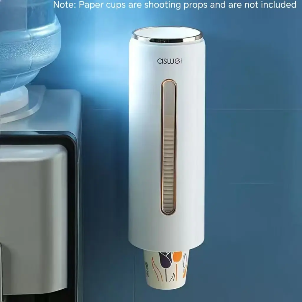 Wall-Mounted Paper Cup Dispenser, No-Drill Paper & Plastic Cup Holder with Dust Cover & Visible Window, Light Luxury Water Cooler Cup Puller for Home, Office, Bathroom & Kitchen